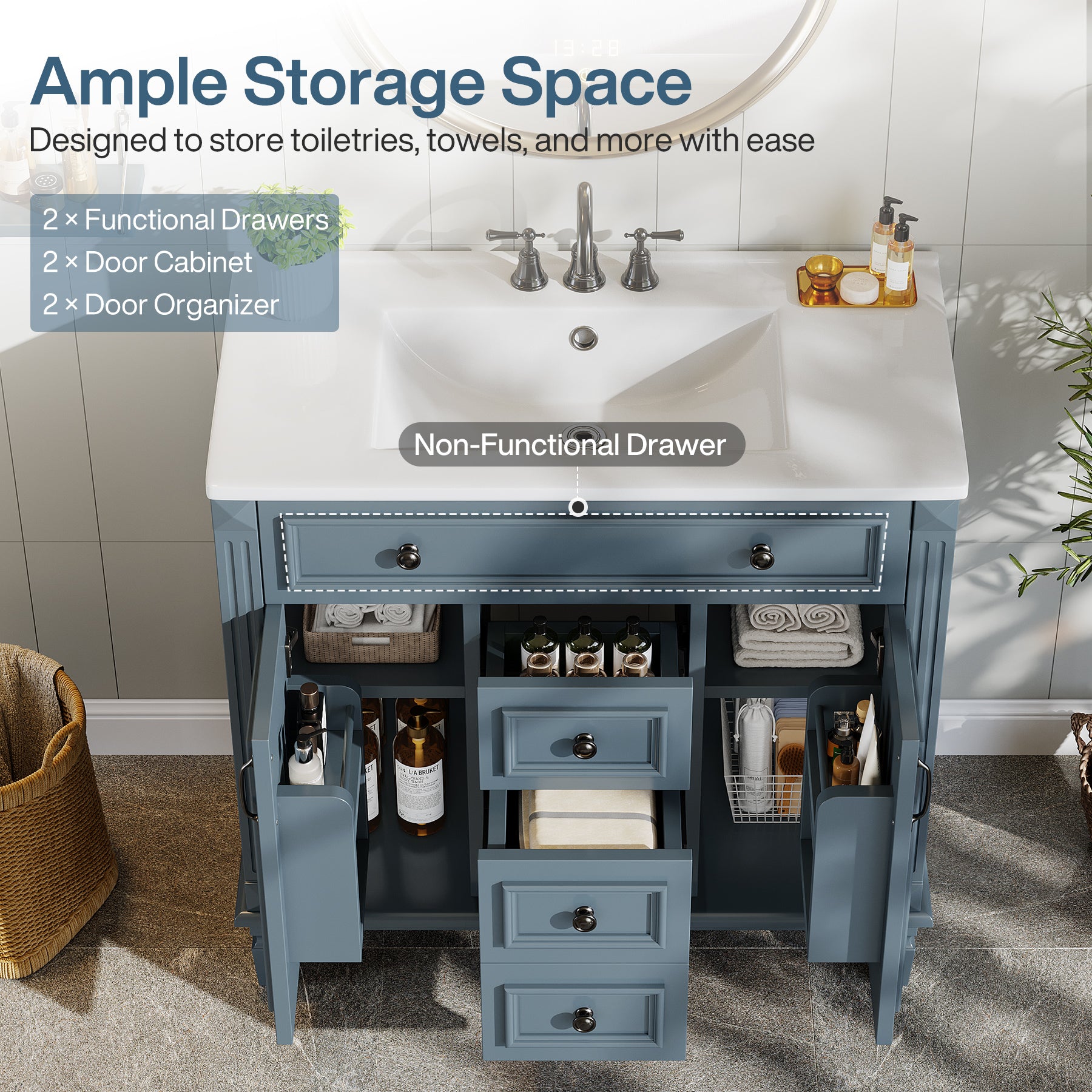 36" Bathroom Vanity With Sink, Bath Storage Vanity with 2 Drawers & 2 Door Organizers