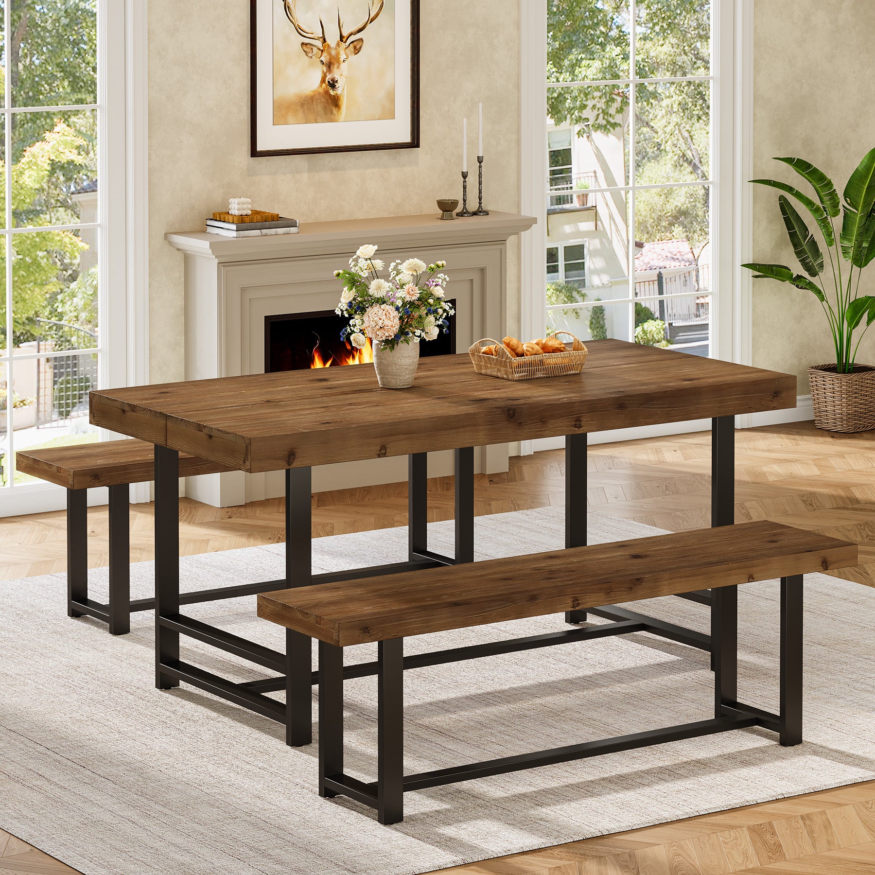 55" Dining Table Set, Solid Wood 3-Piece Rectangle Dinette Set with 2 Benches