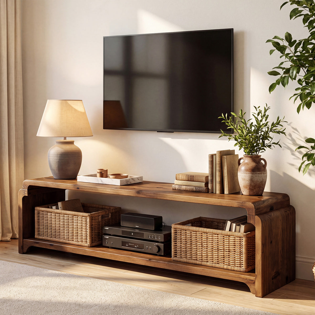 55.12" Solid Wood TV Stand for TVs up to 60", Farmhouse Media Console with Storage Shelves