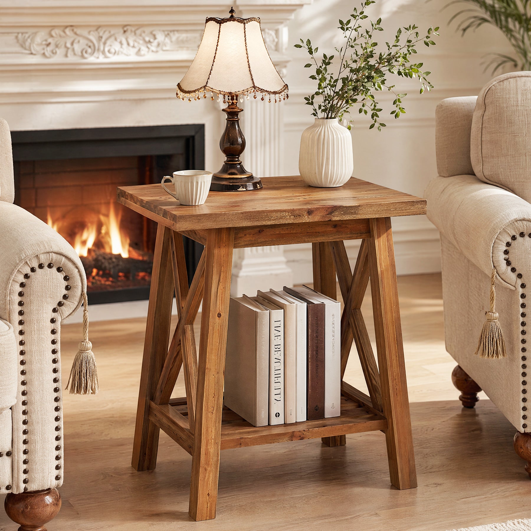 2-Tier Solid Wood End Table, Farmhouse Square Side Table Nightstand