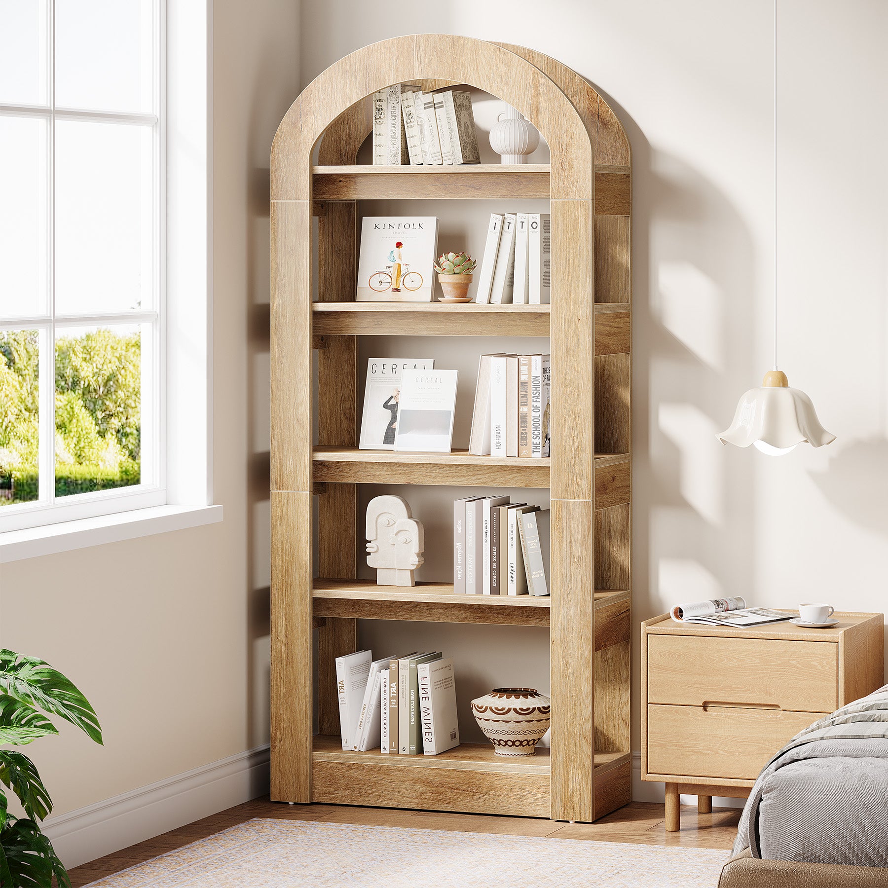 5-Tier Wooden Bookshelf with Arched Top - Thumbnail 2