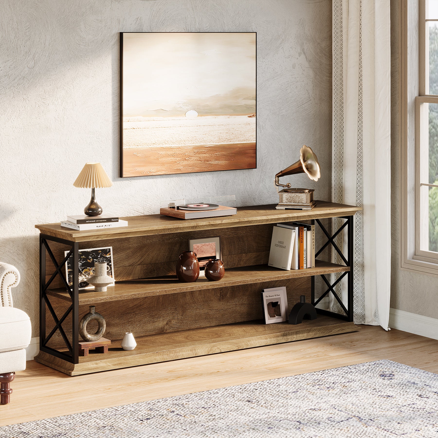 63" Industrial TV Stand for 55–75 Inch TVs, Wood & Metal Entertainment Center with 3-Tier Open Shelves