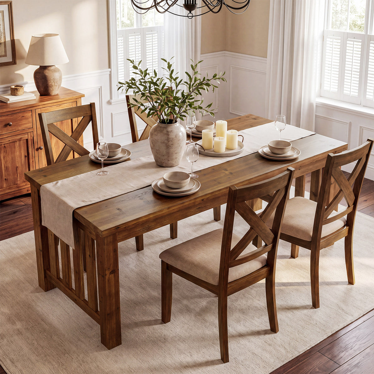 63" Farmhouse Solid Wood Dining Table for 4-6, Sturdy Legs, Kitchen Table