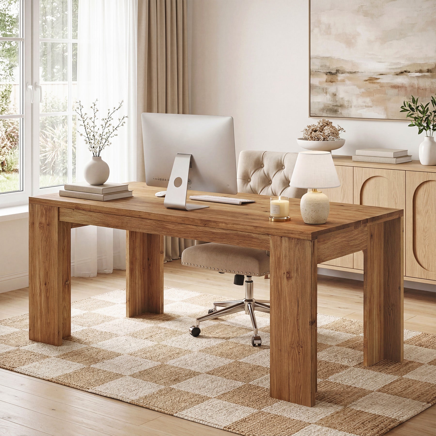 Tribesigns 63" Solid Wood Executive Desk, Farmhouse Office Desk for Home