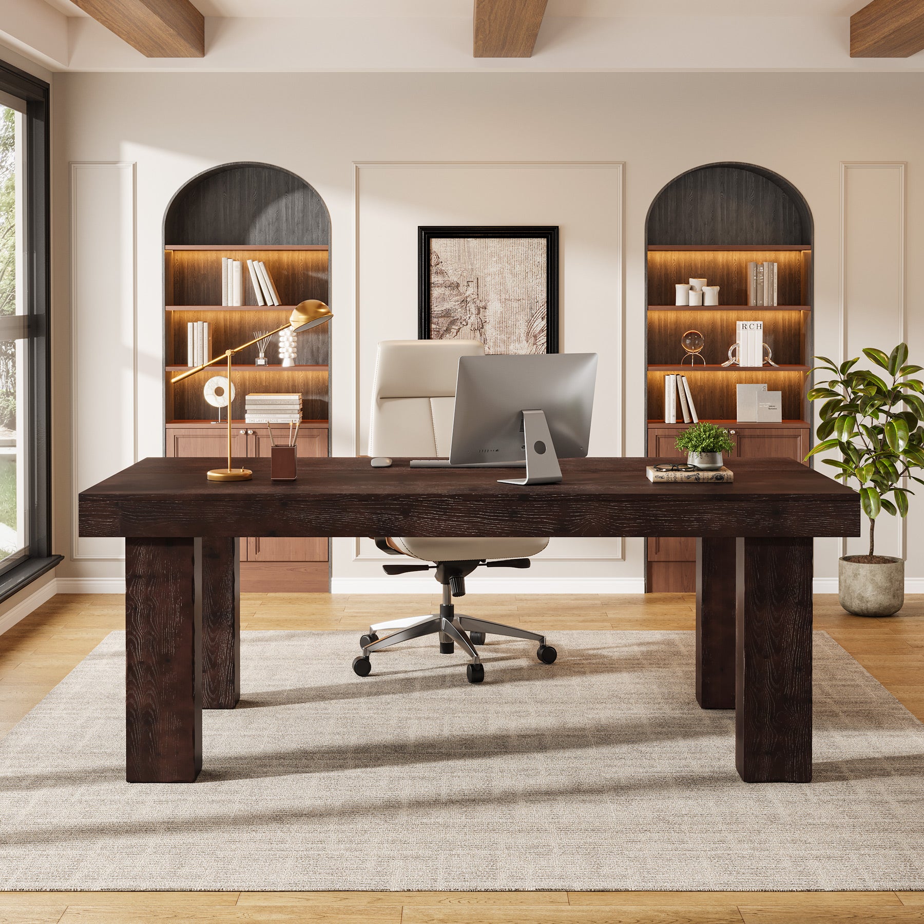 63" Executive Desk, Solid Wood Home Office Computer Desk with Sturdy Wooden Legs