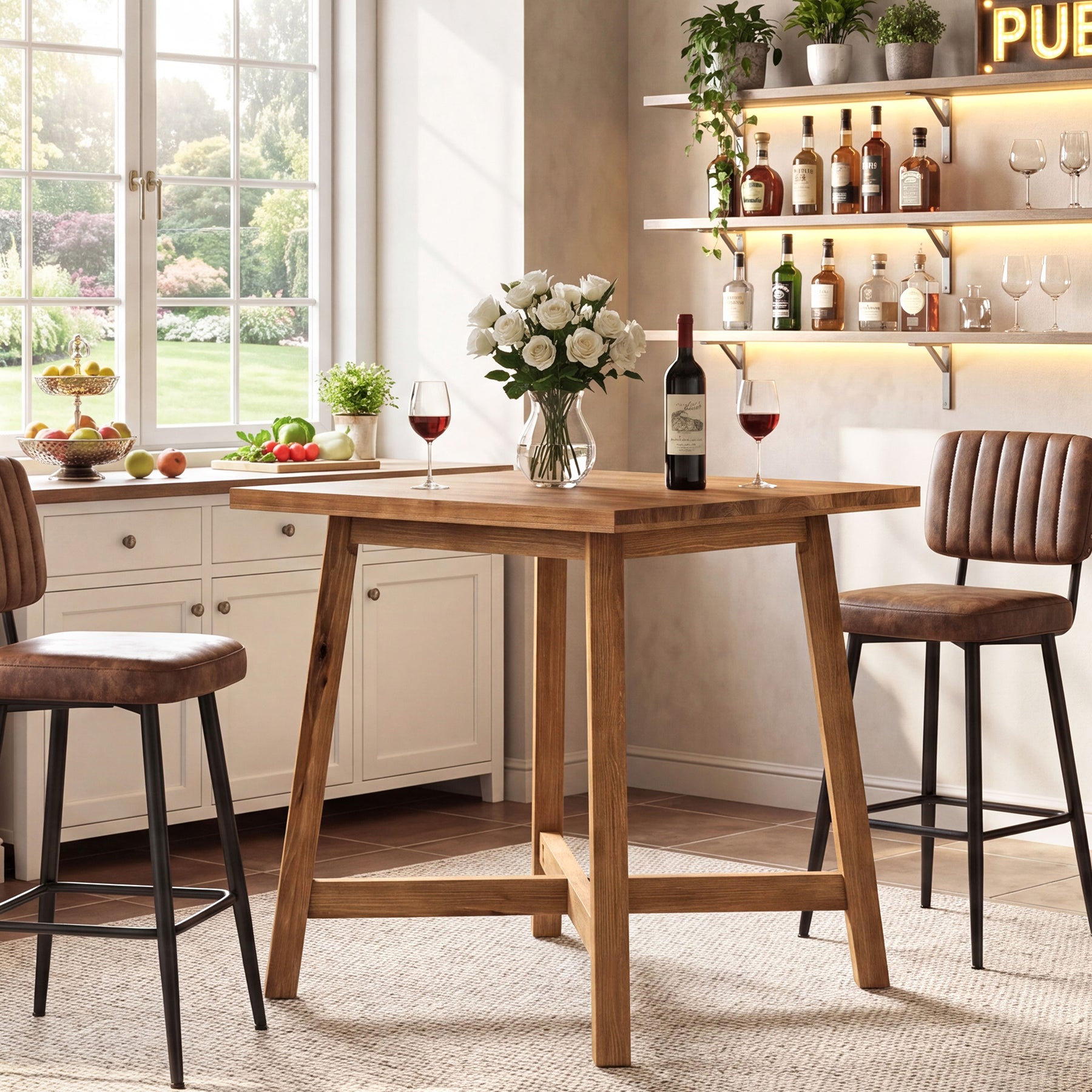 Solid Wood Bar Table, 31.5" Square Counter Height Pub Bistro Table with Footrest