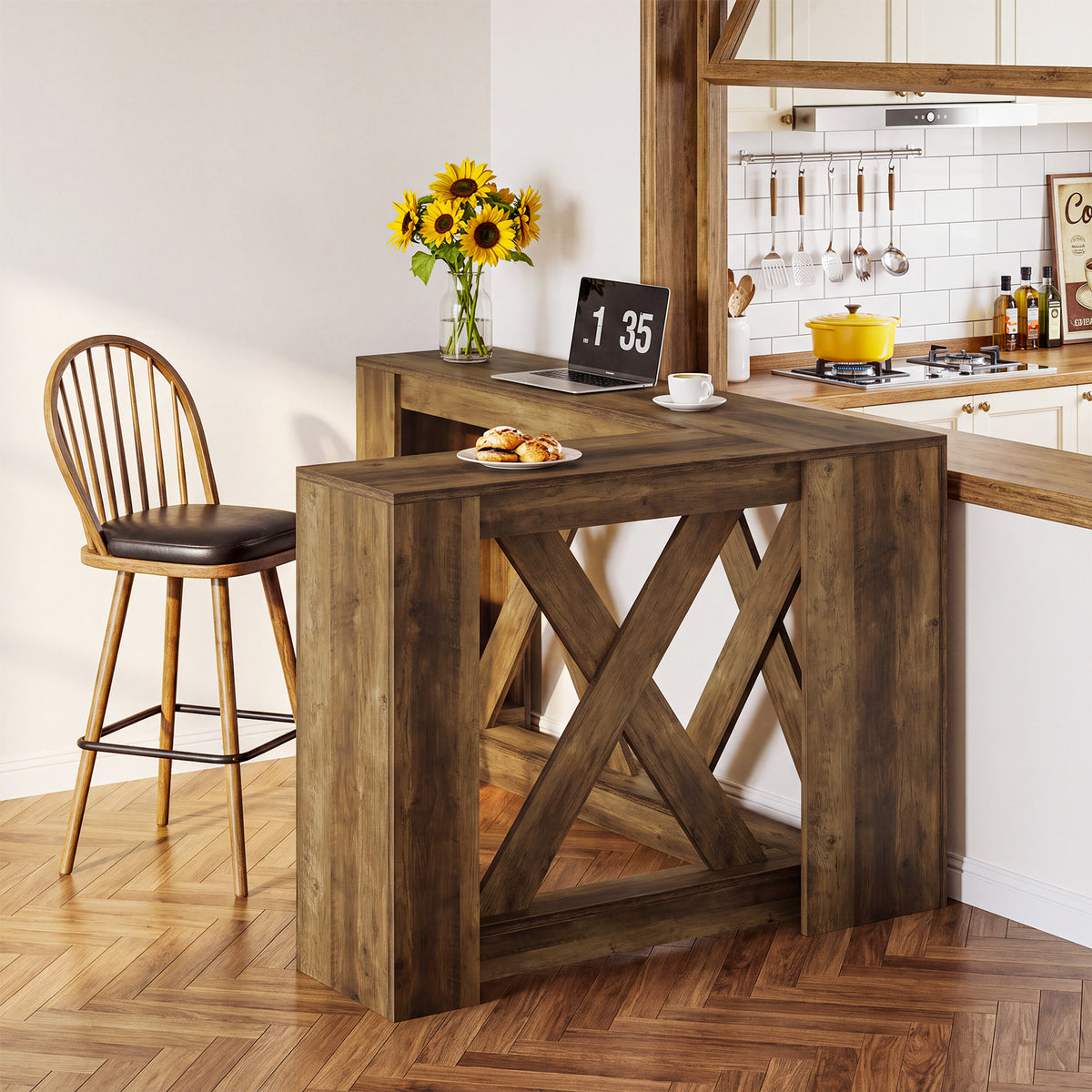 63" L-Shaped Bar Table, X-Cross Frame, Farmhouse Corner Pub Table