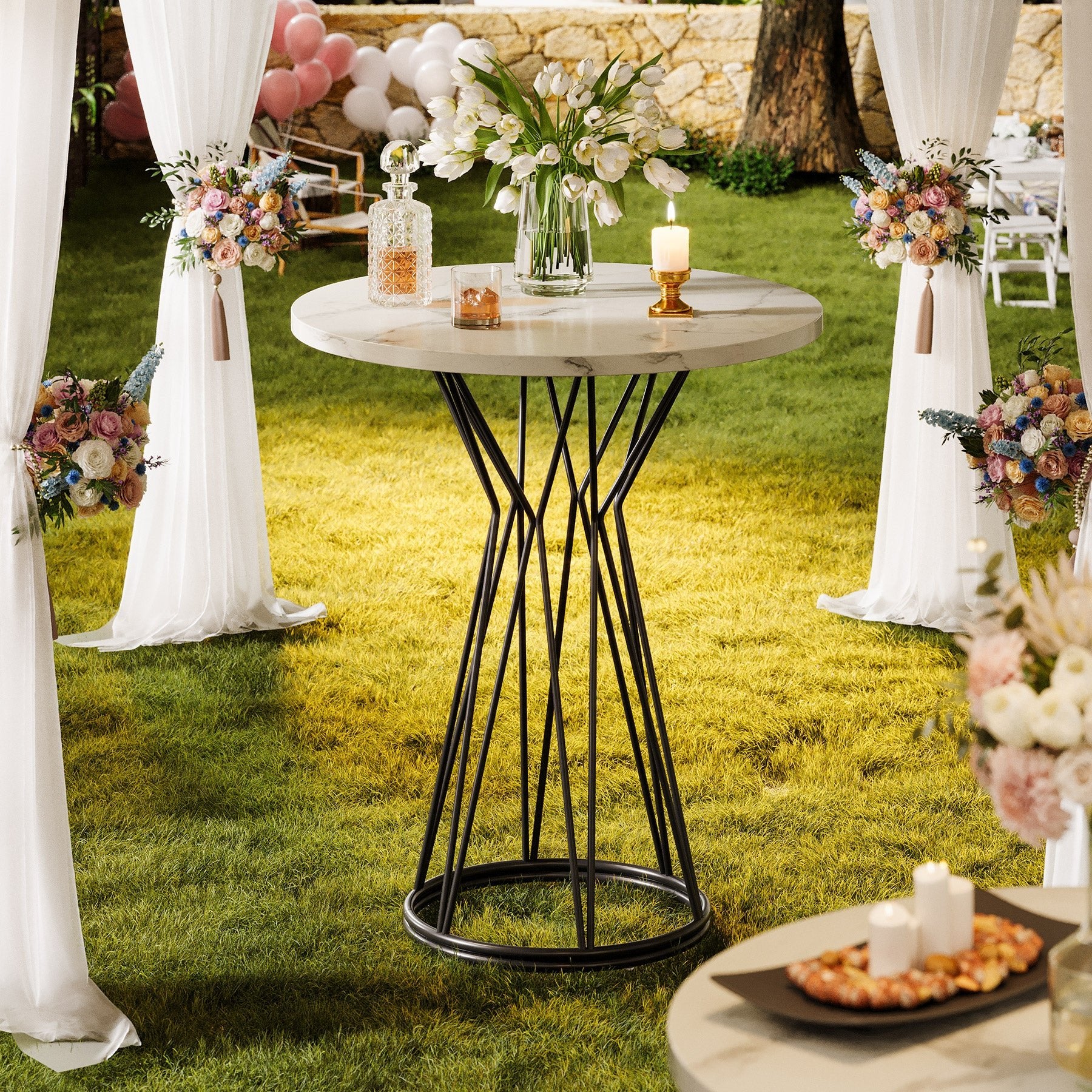 Tribesigns 35.4-Inch Round Bar Table, Faux Marble Bistro Table with Metal Base