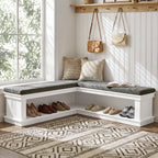 L-Shaped Storage Bench with Cushion, 63" Entryway Shoe Bench with Open Shelves