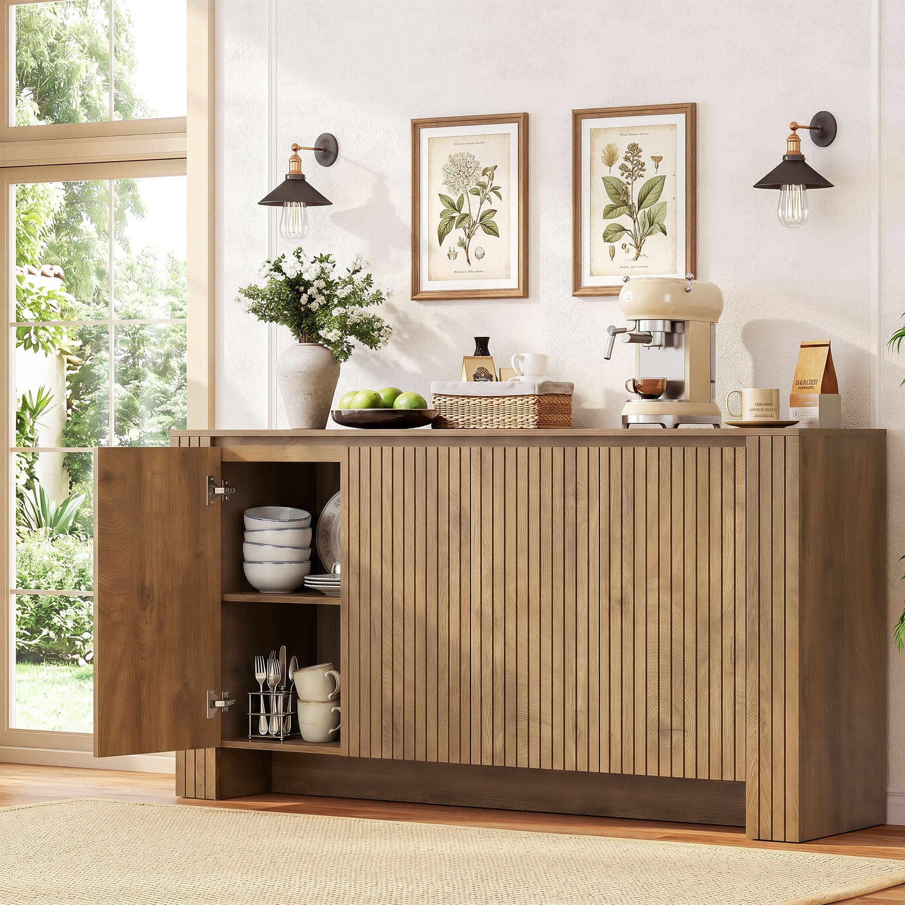 63" Fluted Sideboard Buffet Cabinet with Storage, Modern Coffee Bar Cabinet with Adjustable Shelves