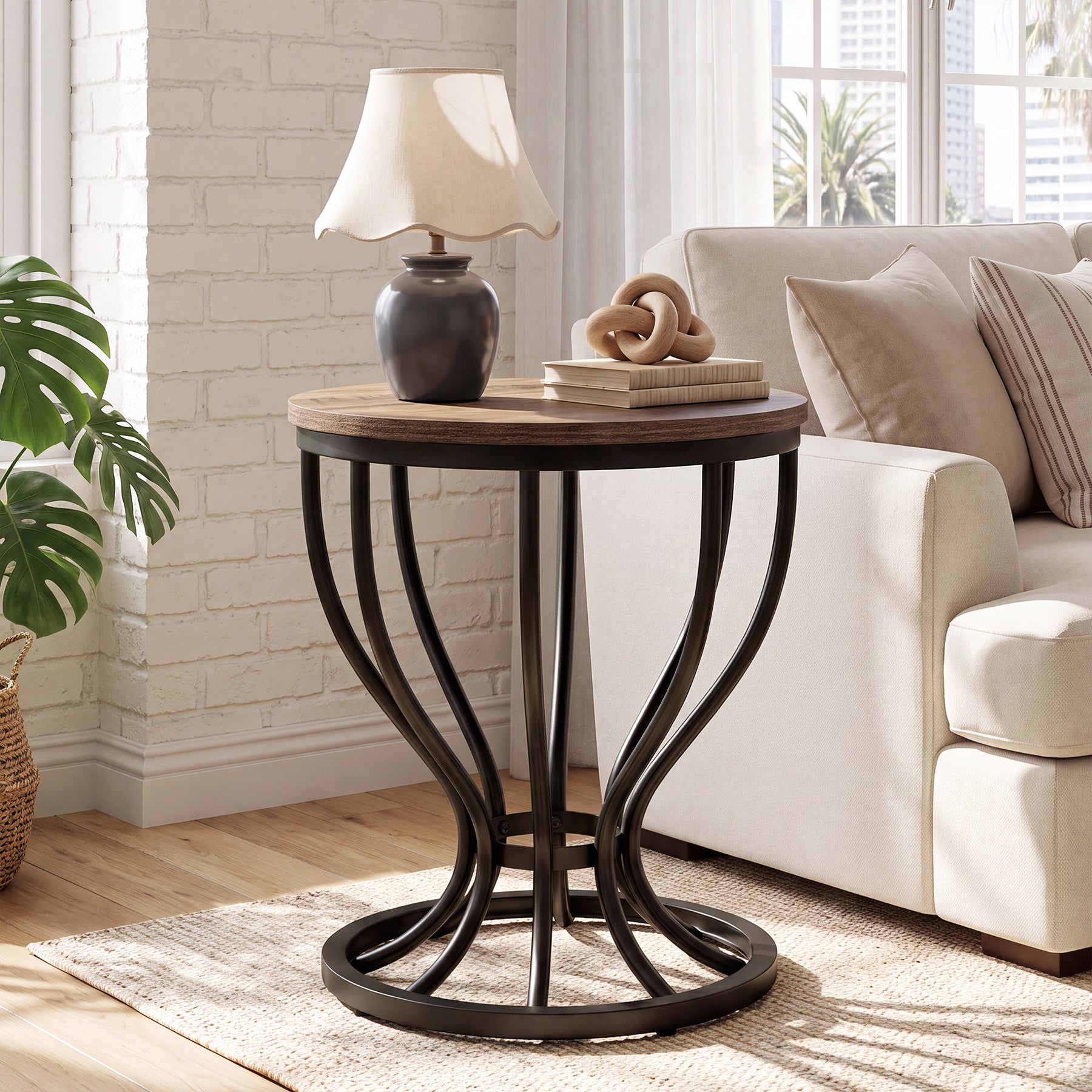 19.6" Round Side Table, Industrial End Table with Curved Metal Frame for Living Room