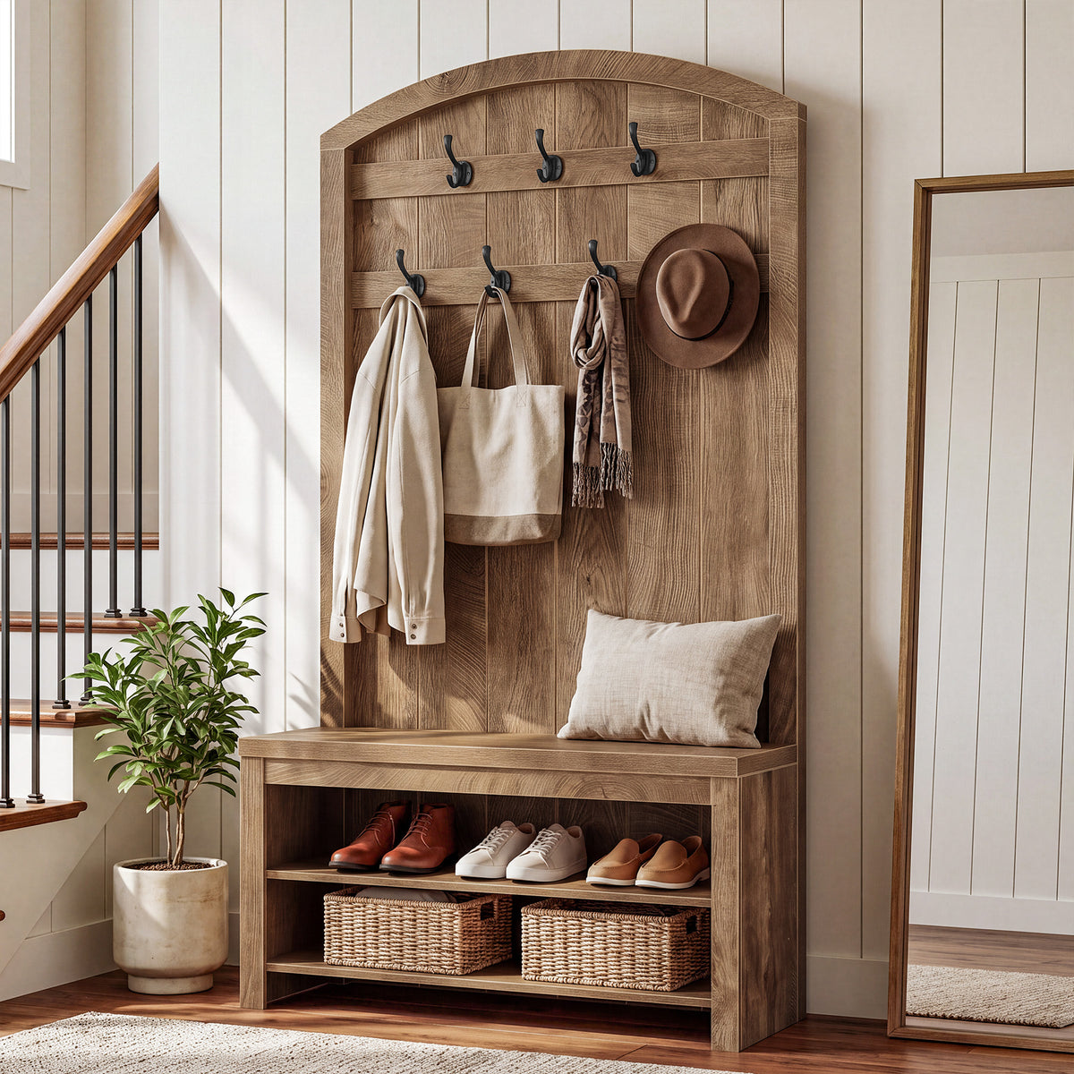 70.9" Hall Tree with Coat Rack and Shoe Storage, 3-in-1 Farmhouse Entryway Organizer with 7 Hooks