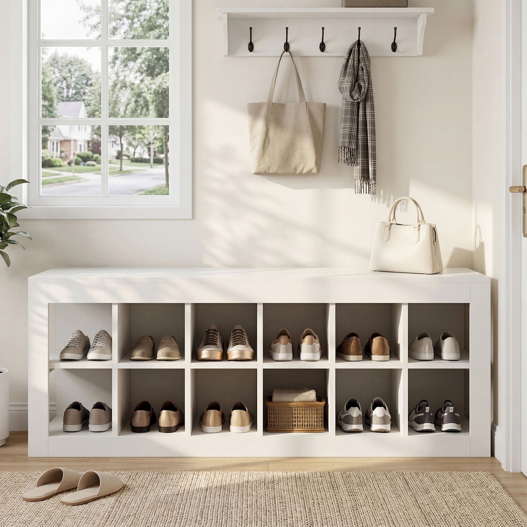 52.36" Shoe Storage Bench with 12 Cubbies, Wooden Entryway Bench for Hallway