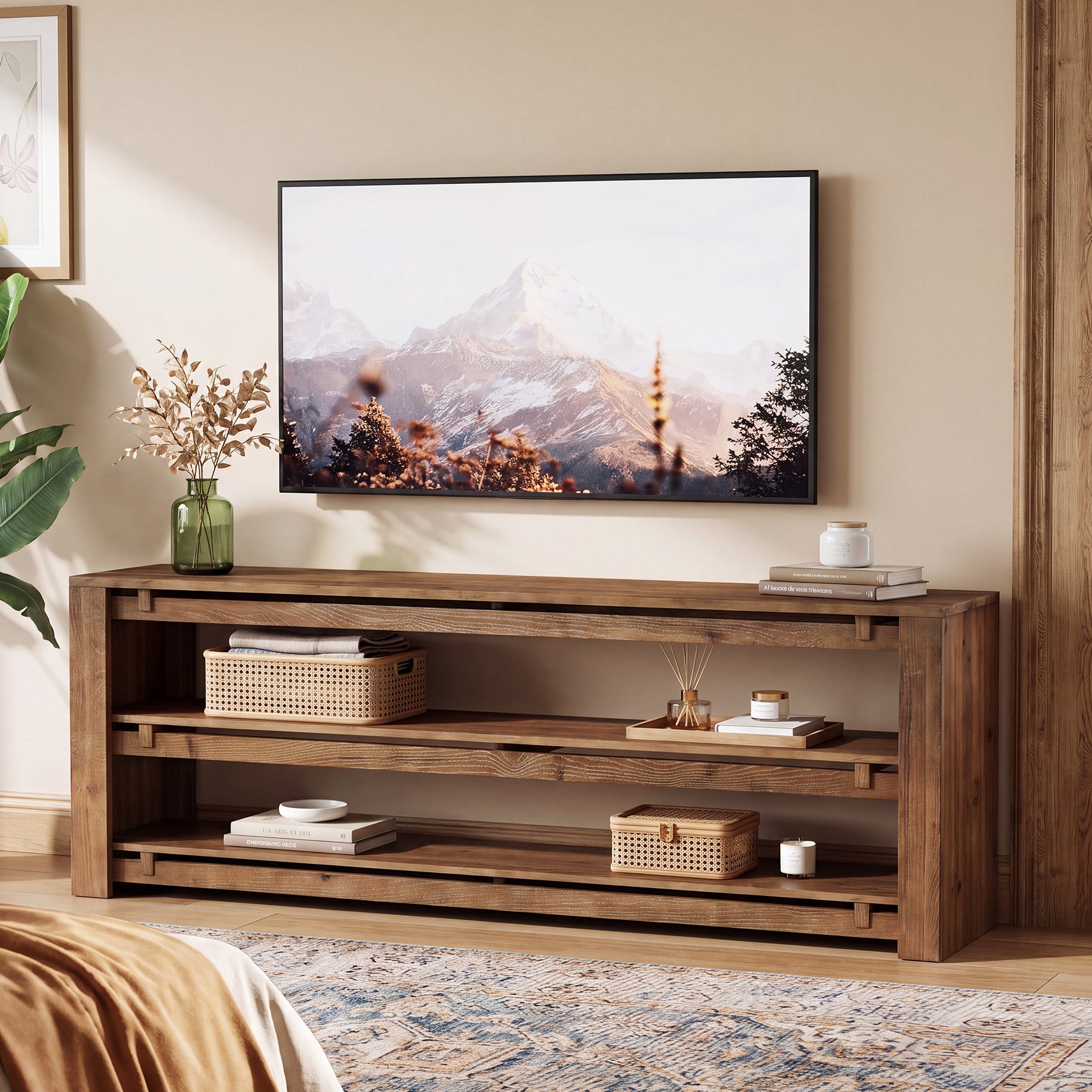63" Solid Wood TV Stand Fits up to 75" Tvs, 3-Tier TV Console with Storage Shelves
