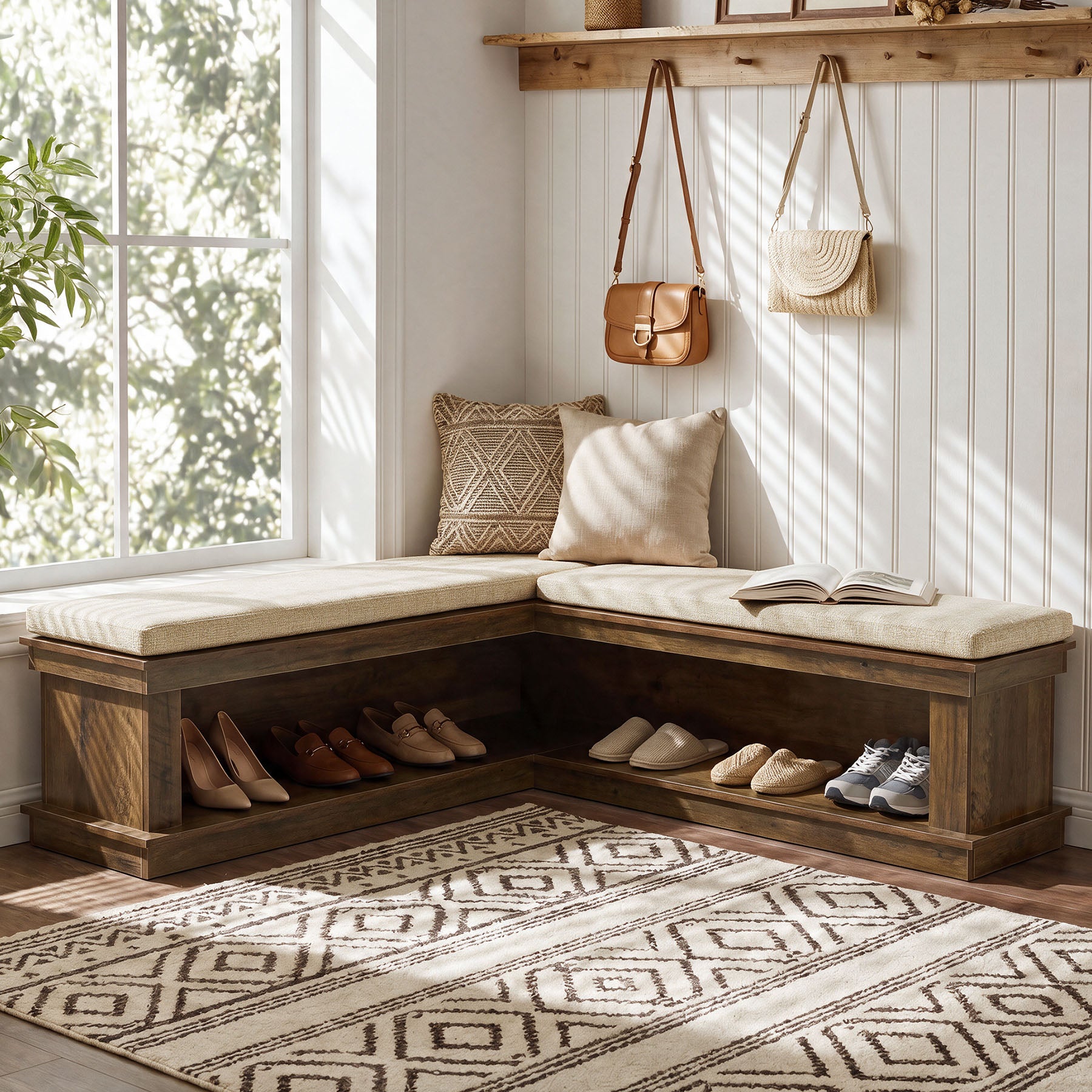 L-Shaped Storage Bench with Cushion, 63" Entryway Shoe Bench with Open Shelves
