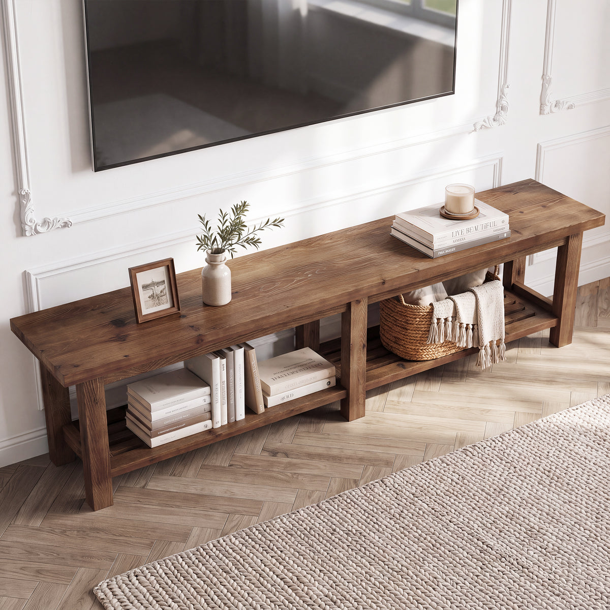 71" Solid Wood TV Stand for 80" TVs, 2-Tier Media Console for Living Room