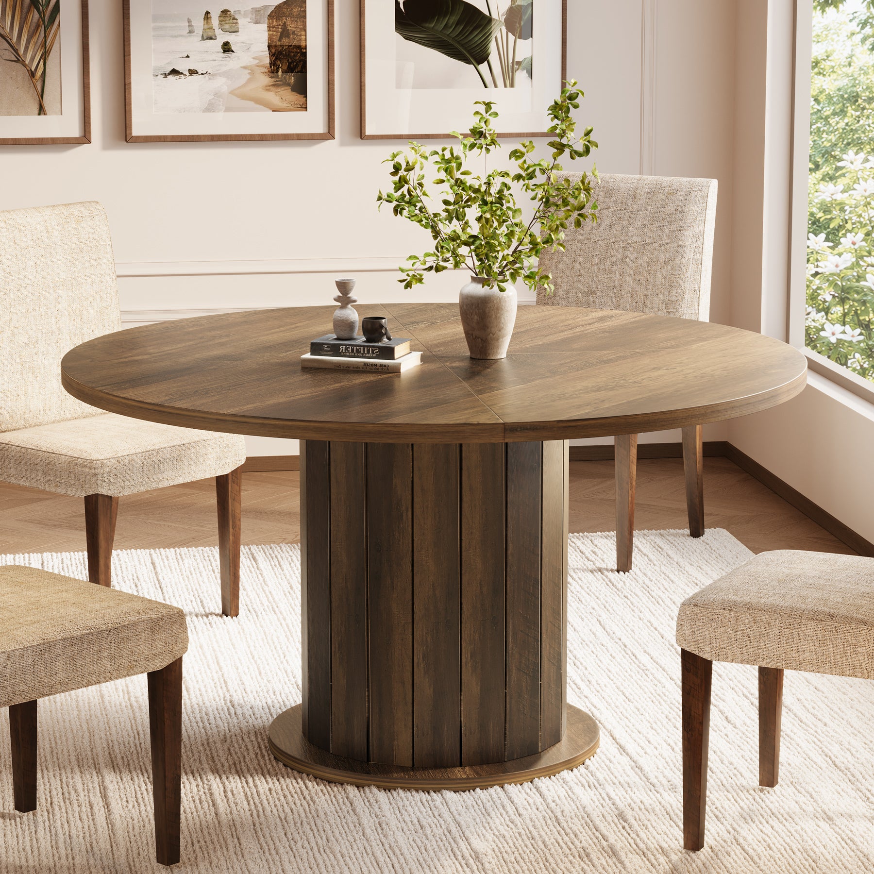 47" Round Dining Table with Pedestal Base, Farmhouse Kitchen Table for 4-6 People