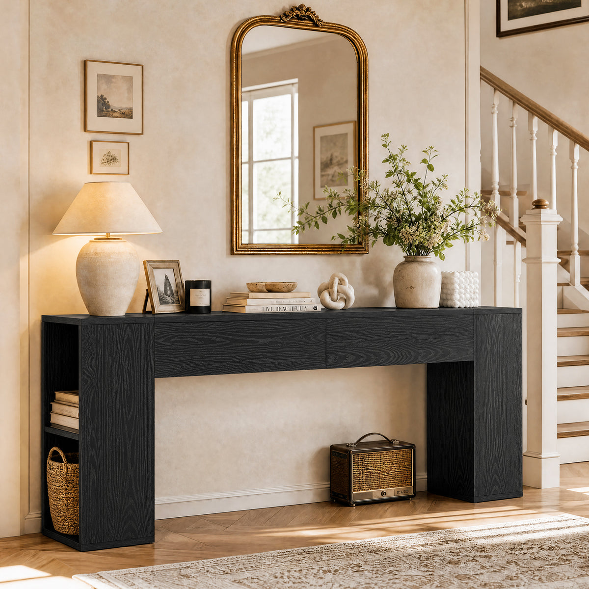 79" Long Console Table, Farmhouse Entryway Table with 2 Drawers and Side Storage Shelves
