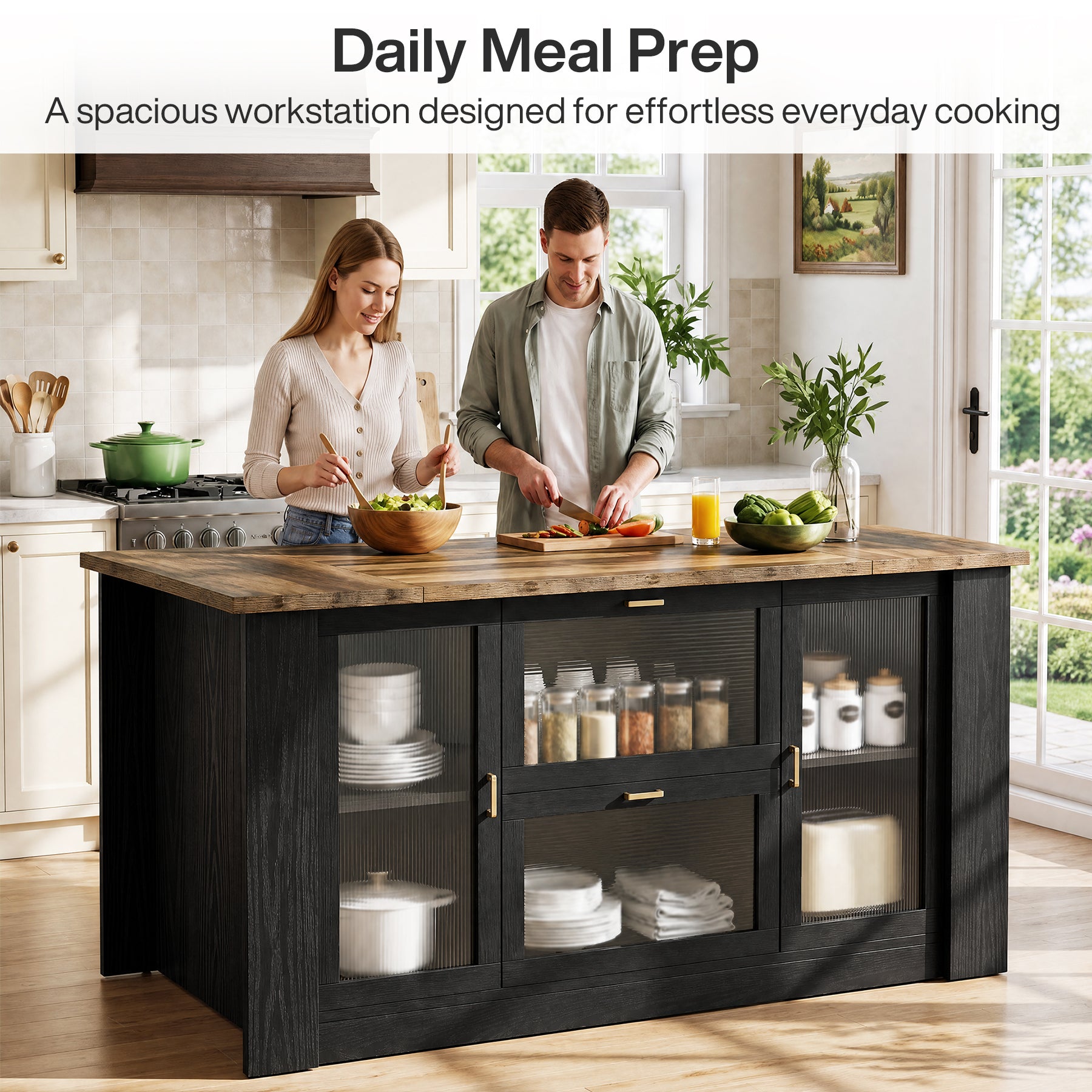 71" Counter Height Bar Table with Seating, 2 Drawers & Storage Cabinets, Pub Table, Kitchen