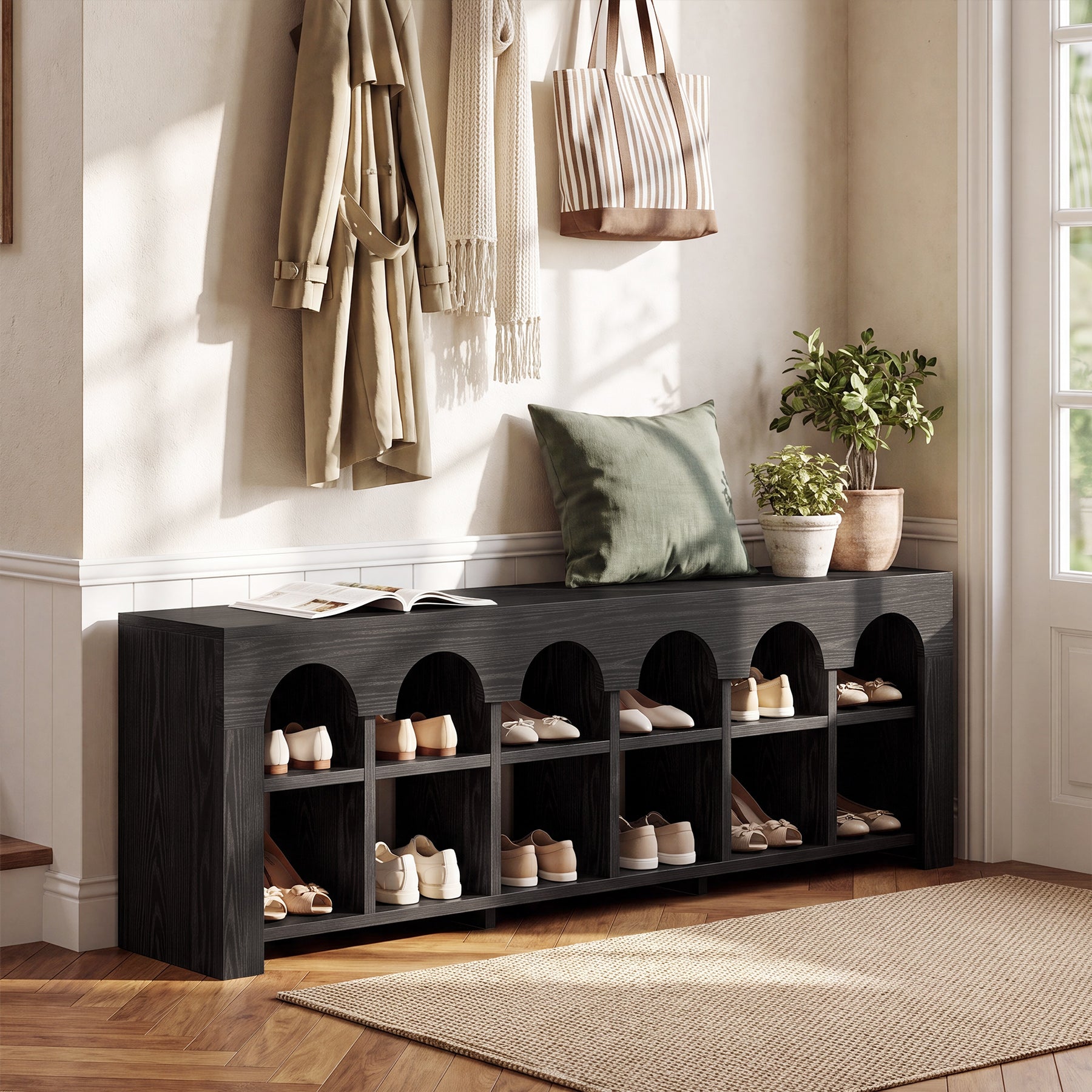 63" Entryway Bench, 2-Tier Narrow Shoe Storage Bench with Arched Cubbies