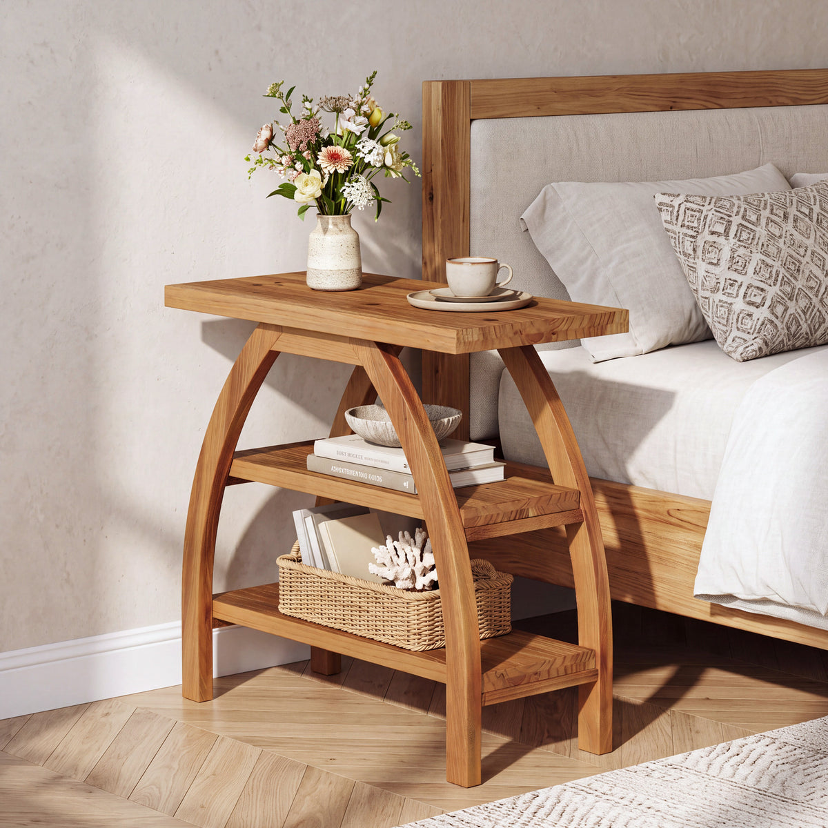 23.6" Solid Wood Nightstand with 3-Tier Shelf, Narrow Bedside Table with Arched Legs