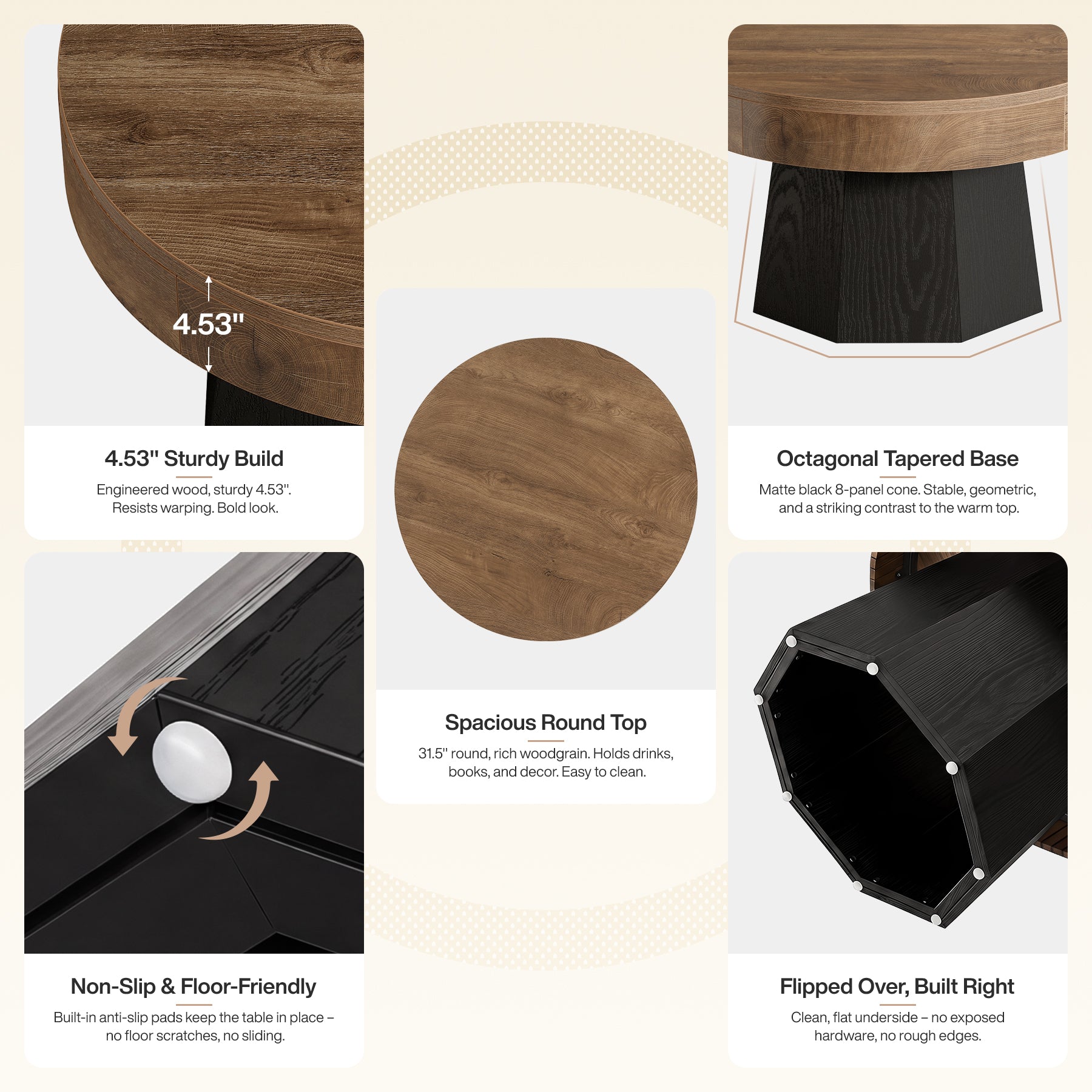 31.5" Round Coffee Table, octagonal base Tea Table for Living Room