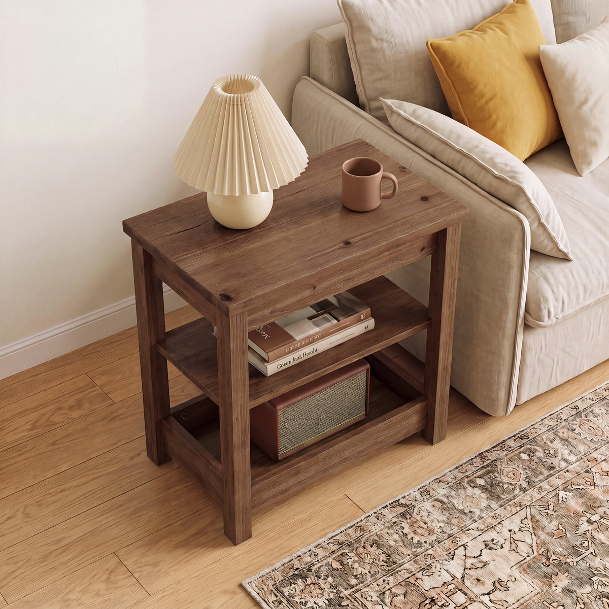 Tribesigns 23.62" Solid Wood End Table, 3-Tier Narrow Side Table for Living Room and Bedroom