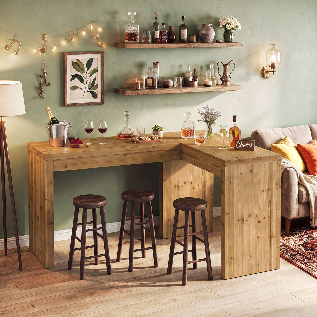 63" x 47" L-Shaped Solid Wood Bar Table, Counter Height with 2.4" Thick Panel Legs