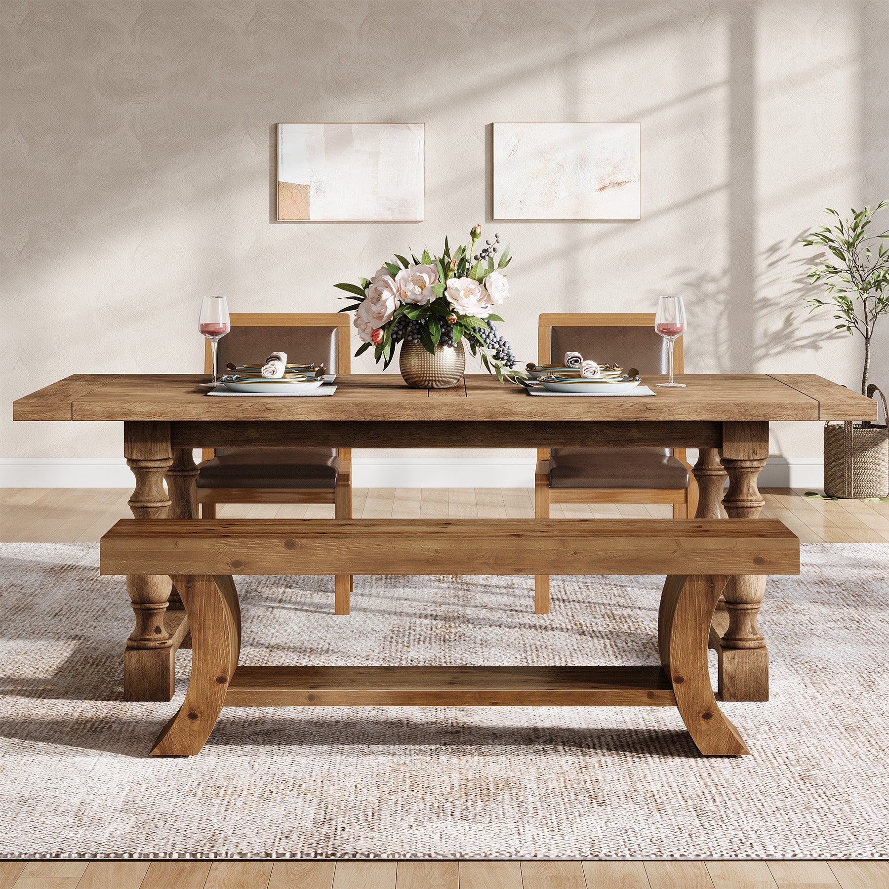 55" Solid Wood Dining Bench with Storage Shelf, Farmhouse Kitchen & Dining Table Bench Seating