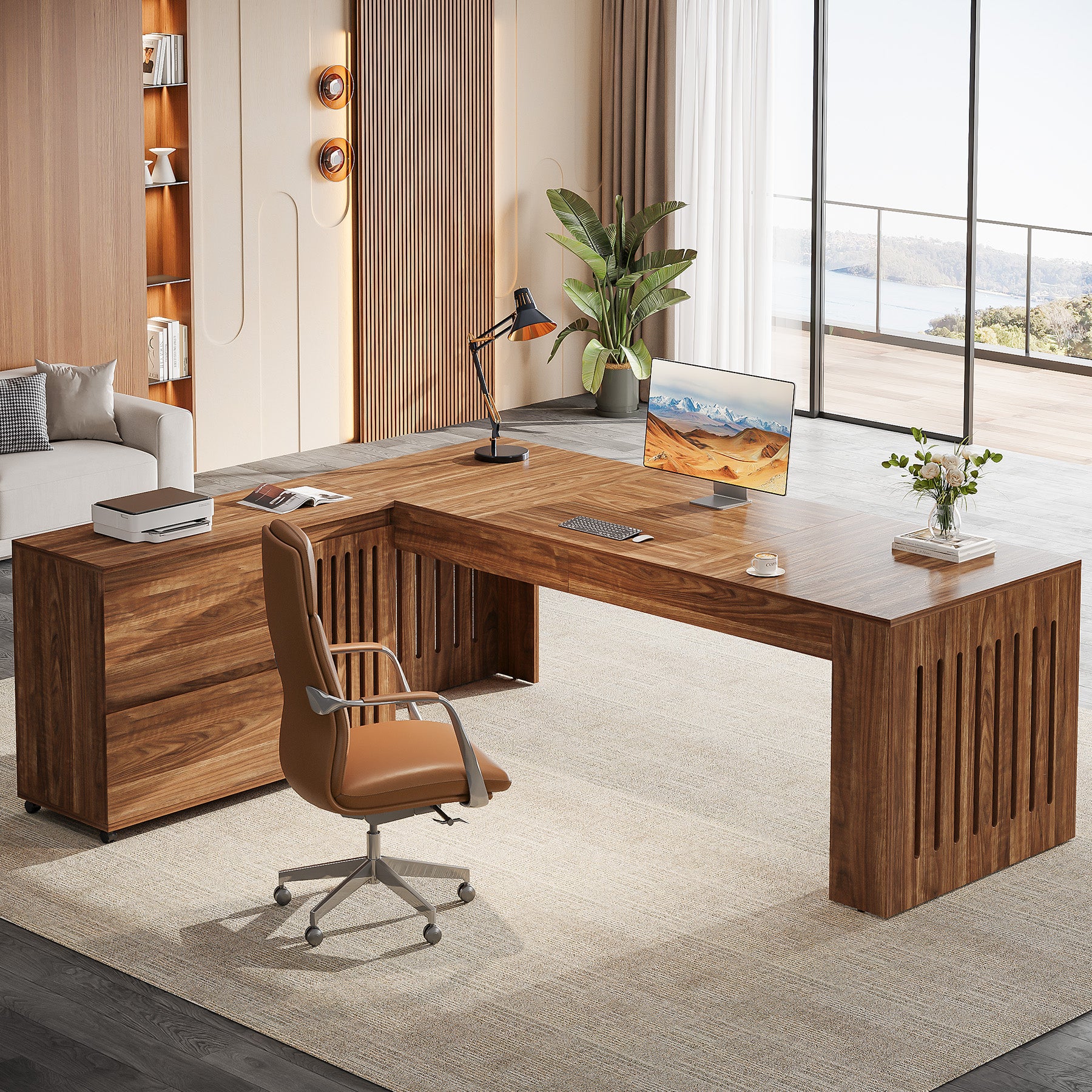 L-Shaped Executive Desk, 70.86" Computer Office Desk with 39.37" Mobile File Cabinet