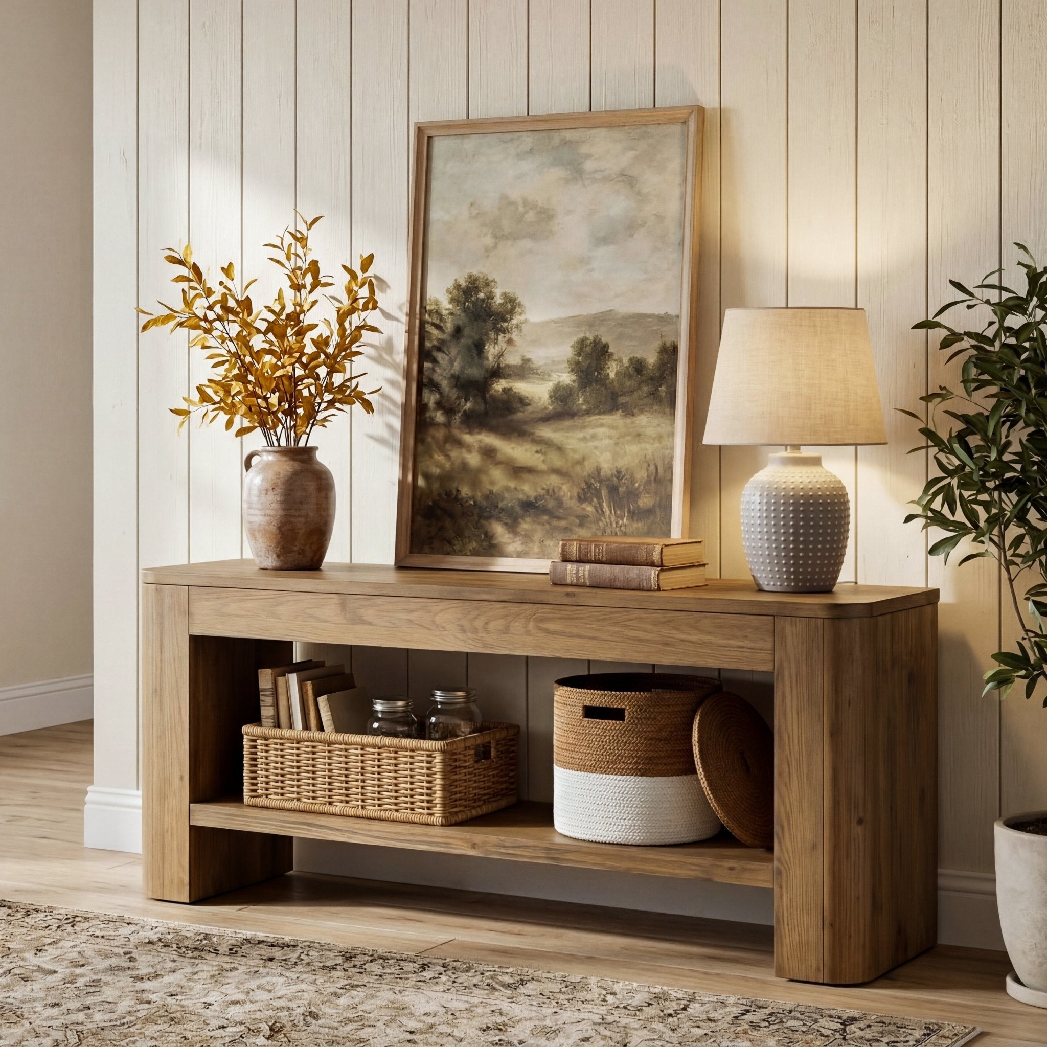 59“ Solid Wood TV Stand for 55–65 Inch TVs, Farmhouse Media Console with Open Shelves for Living Room or Bedroom