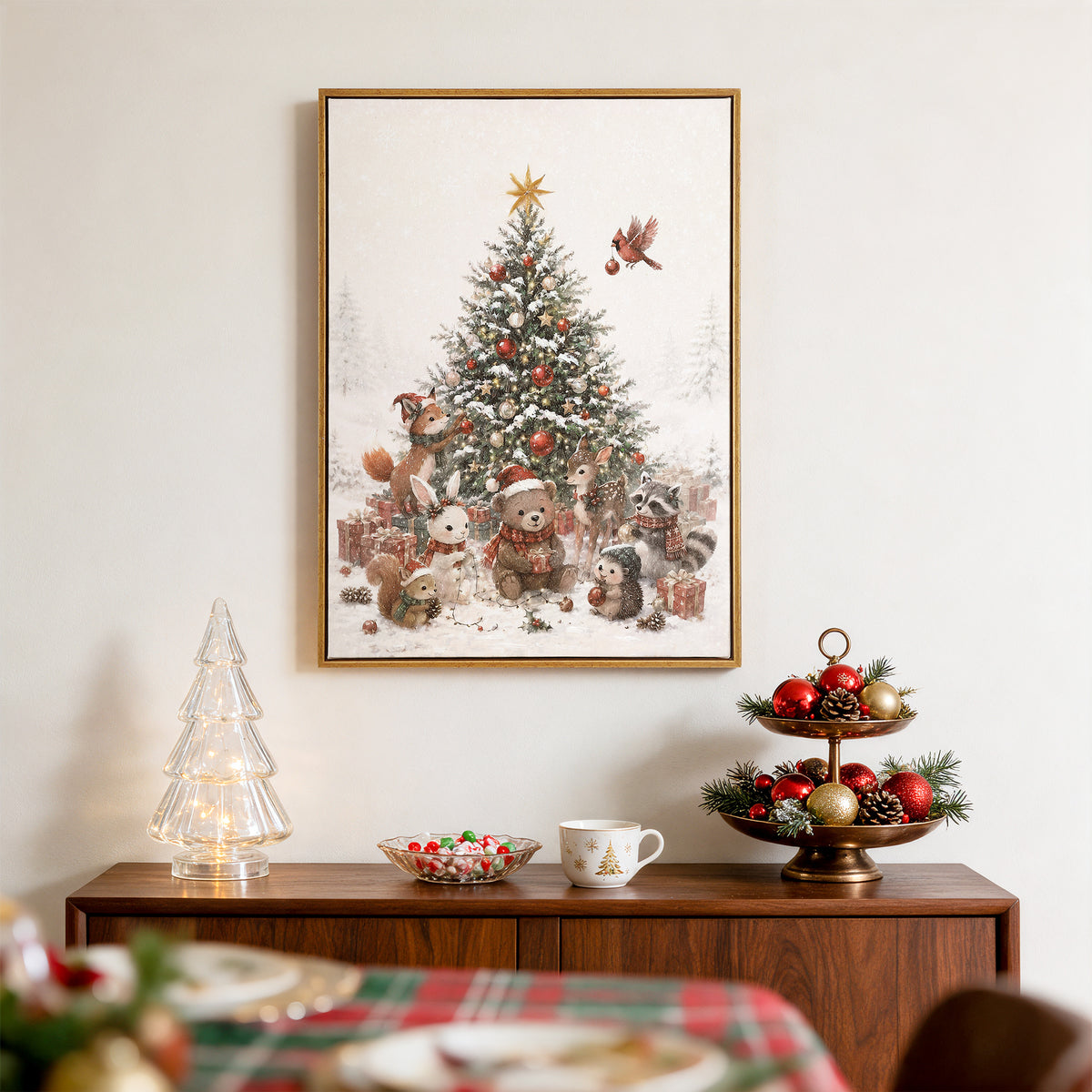 Watercolor Christmas Tree Wall Art, Red Velvet Bow, Rustic Farmhouse Framed Holiday Decor, Living Room