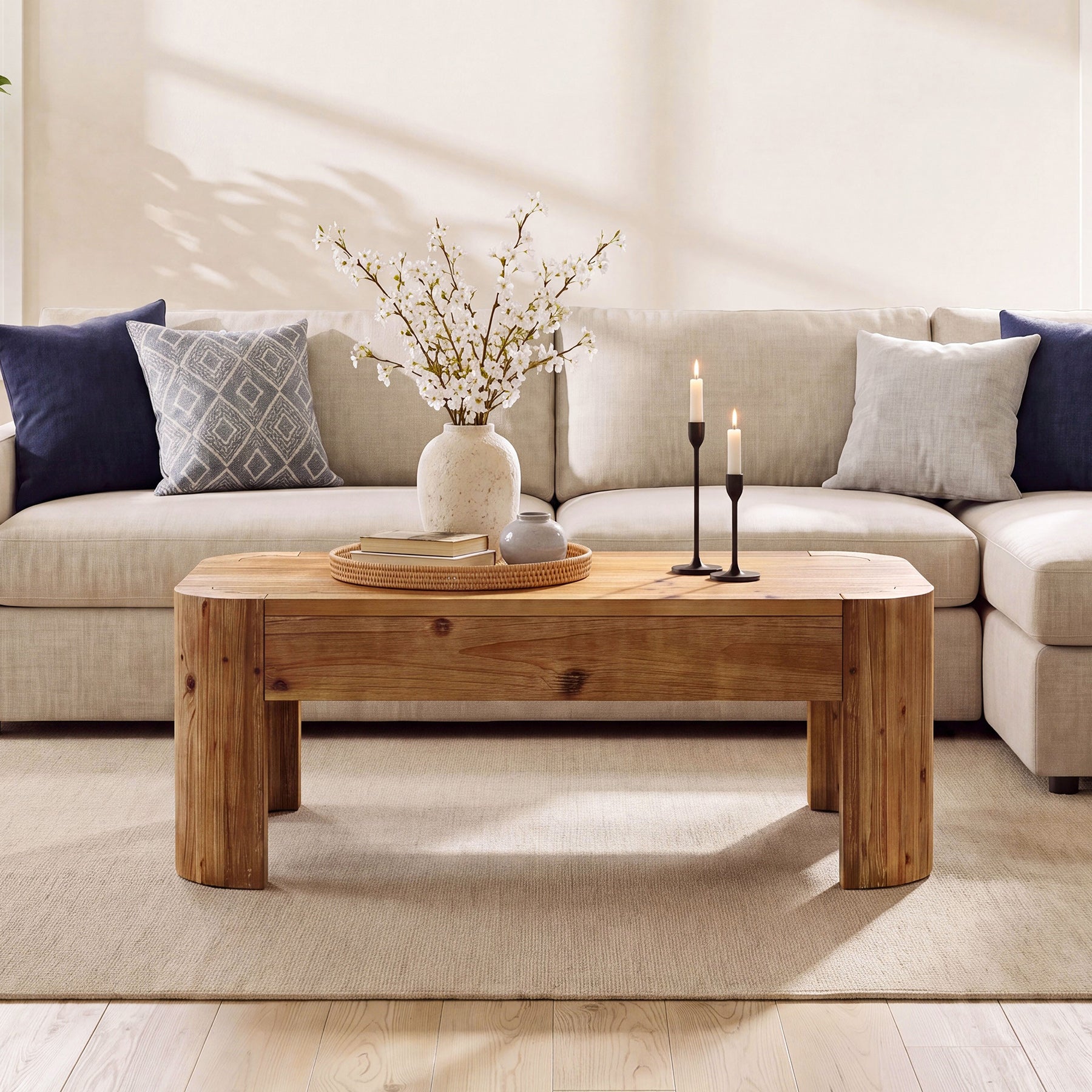 47.24" Solid Wood Coffee Table, Rectangular Center Table with Rounded Corners for Living Room
