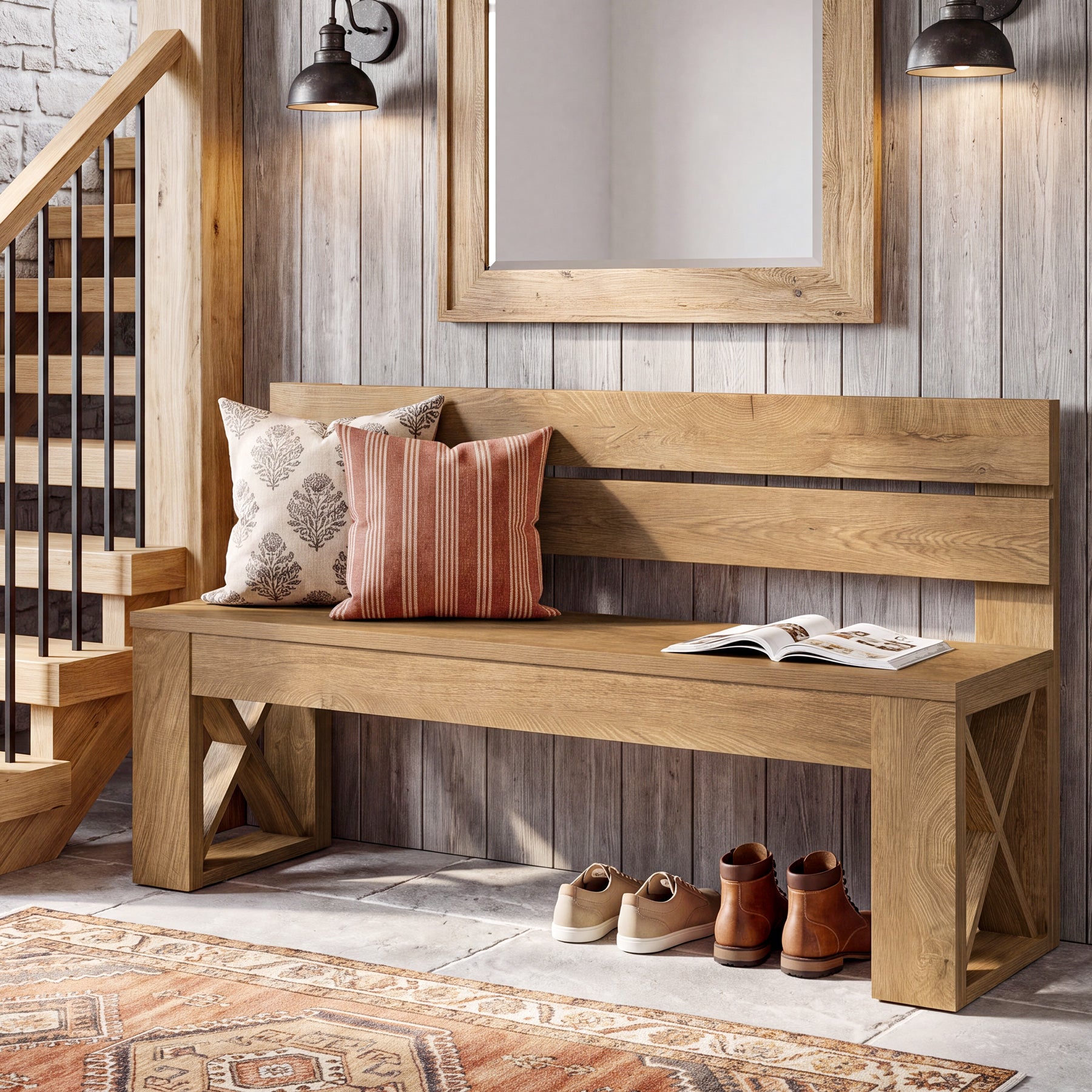 47" Entryway Bench with Back, Farmhouse Shoe Bench with X-Brace, Bedroom & Hallway