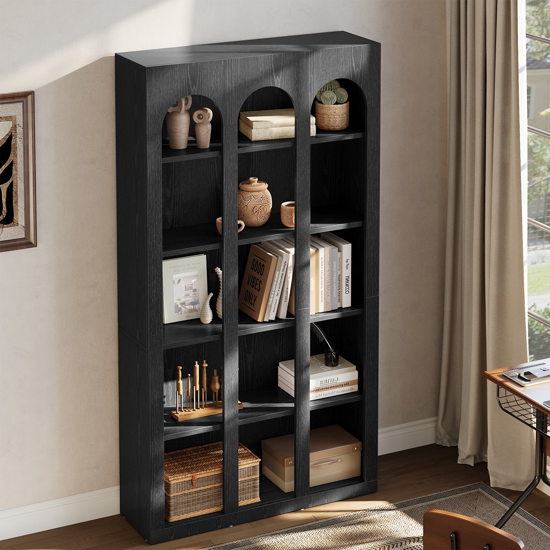 70.8" Arched 5-Tier Bookshelf with Open Shelves, Vintage Farmhouse Style Tall Display Bookcase