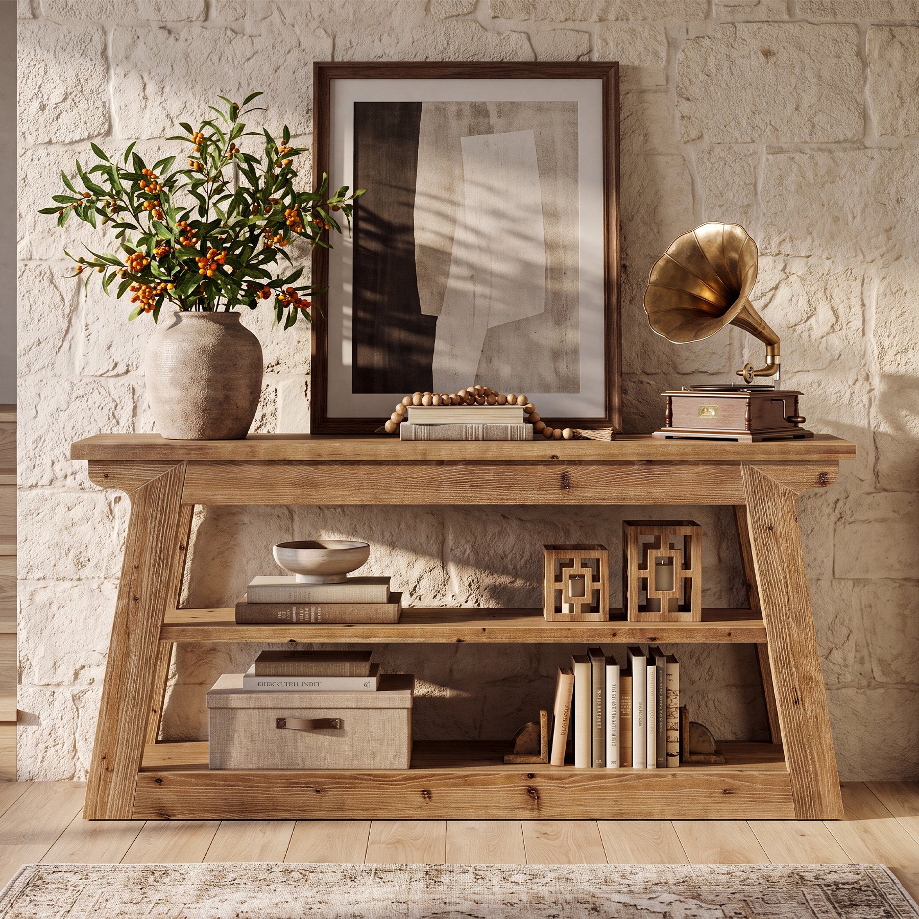 63" Console Table, 3-Tier Solid Wood Sofa Table Entryway Table for Hallway
