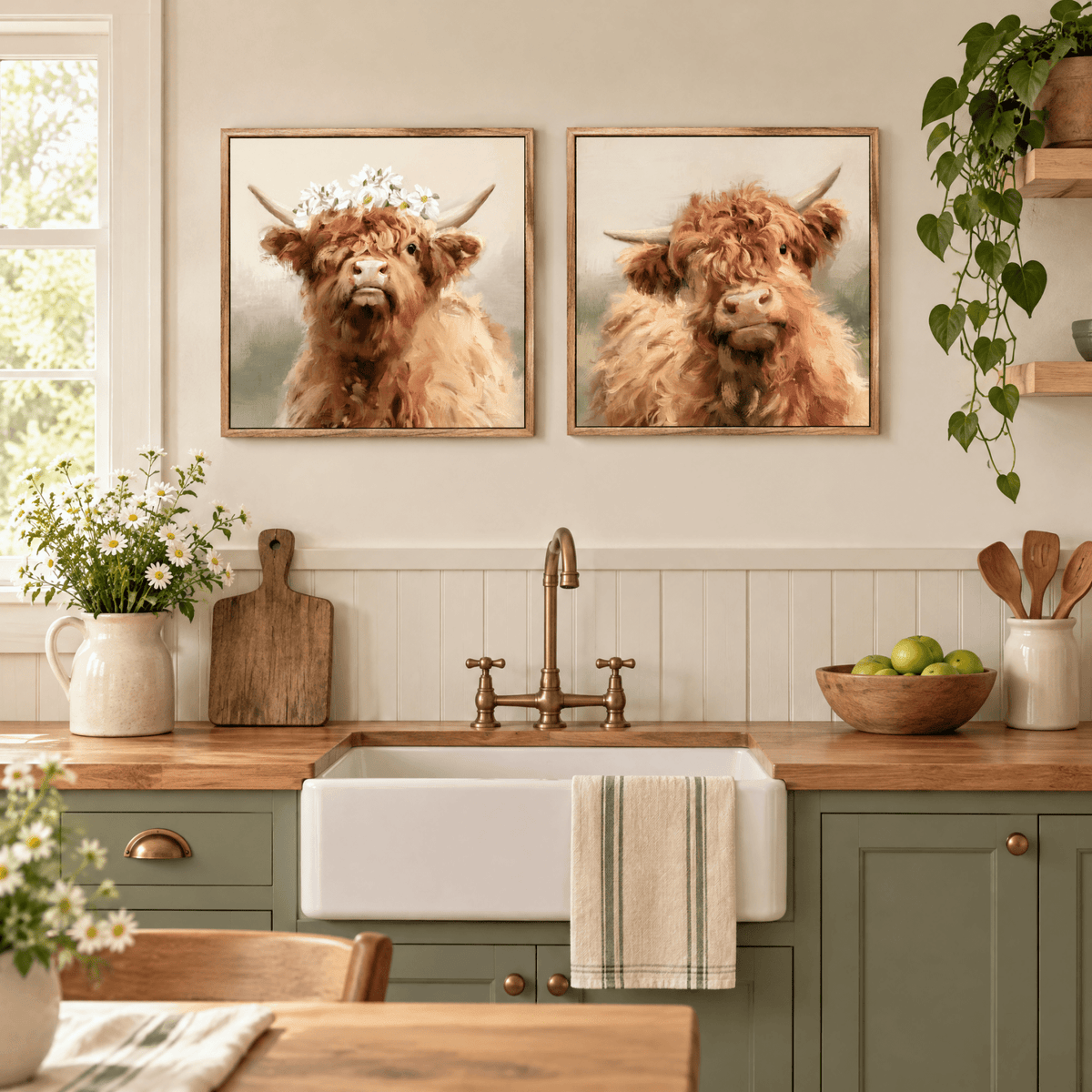 2-Piece 24x24" Highland Cow Wall Art, Farmhouse Framed Canvas Prints
