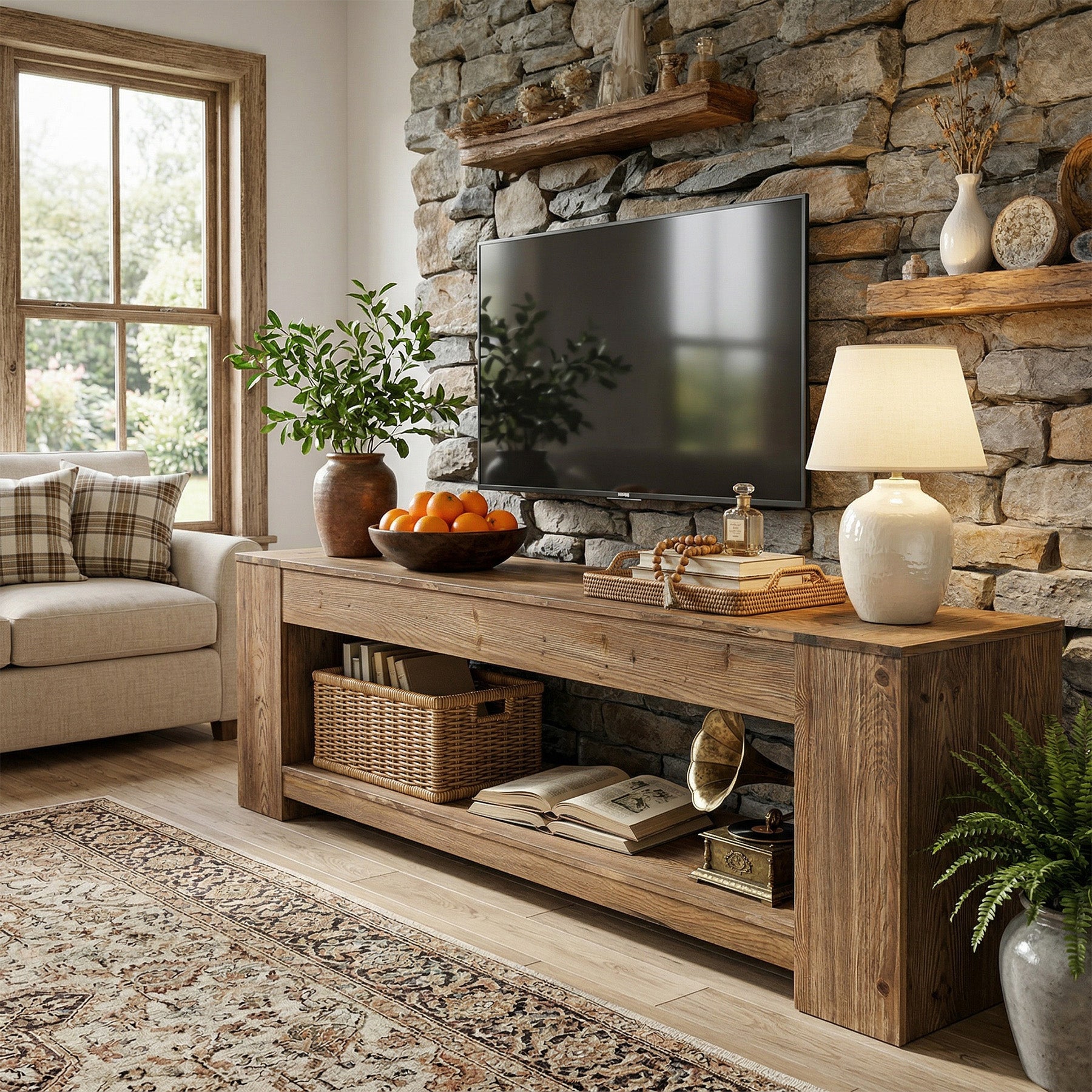 Tribesigns 63" Solid Wood TV Stand, Farmhouse Console for Living Room