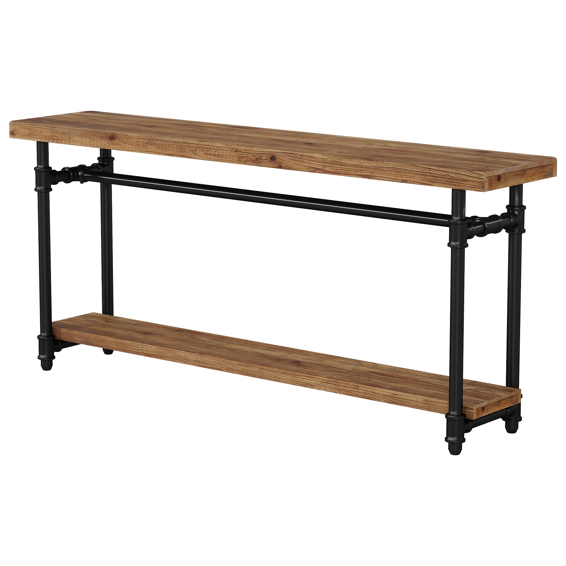 63" Solid Wood Console Table, Narrow Entryway Table with 2-Tier Storage & Metal Pipe Frame