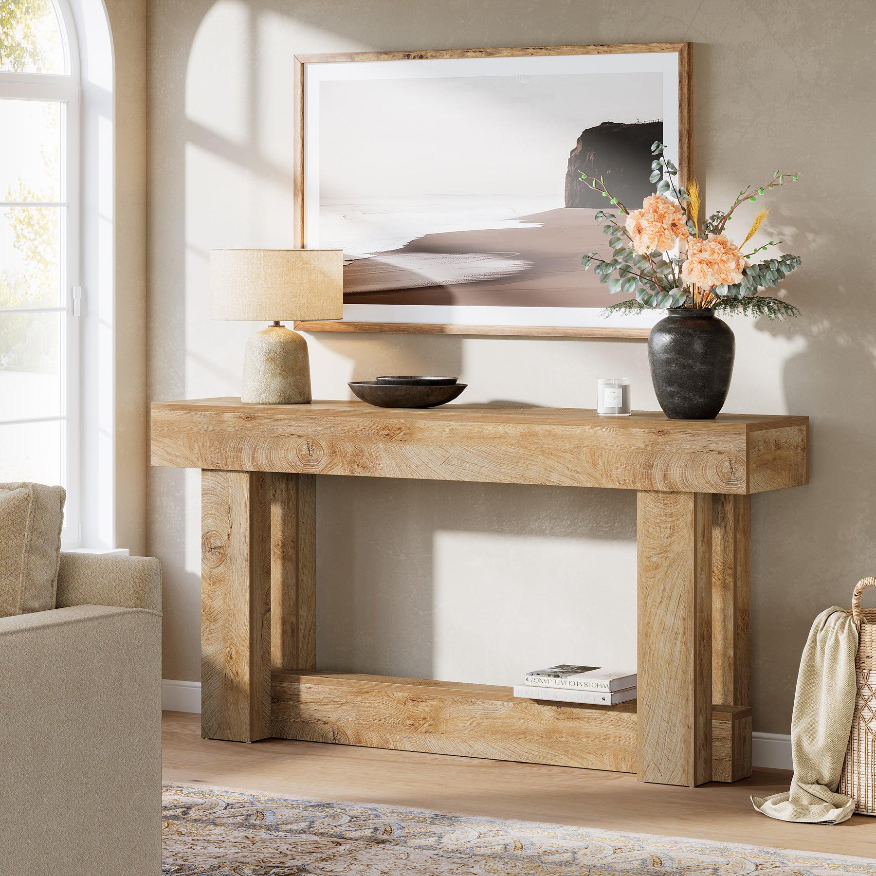 63" Wood Console Table, 2-Tier Farmhouse Entryway Table