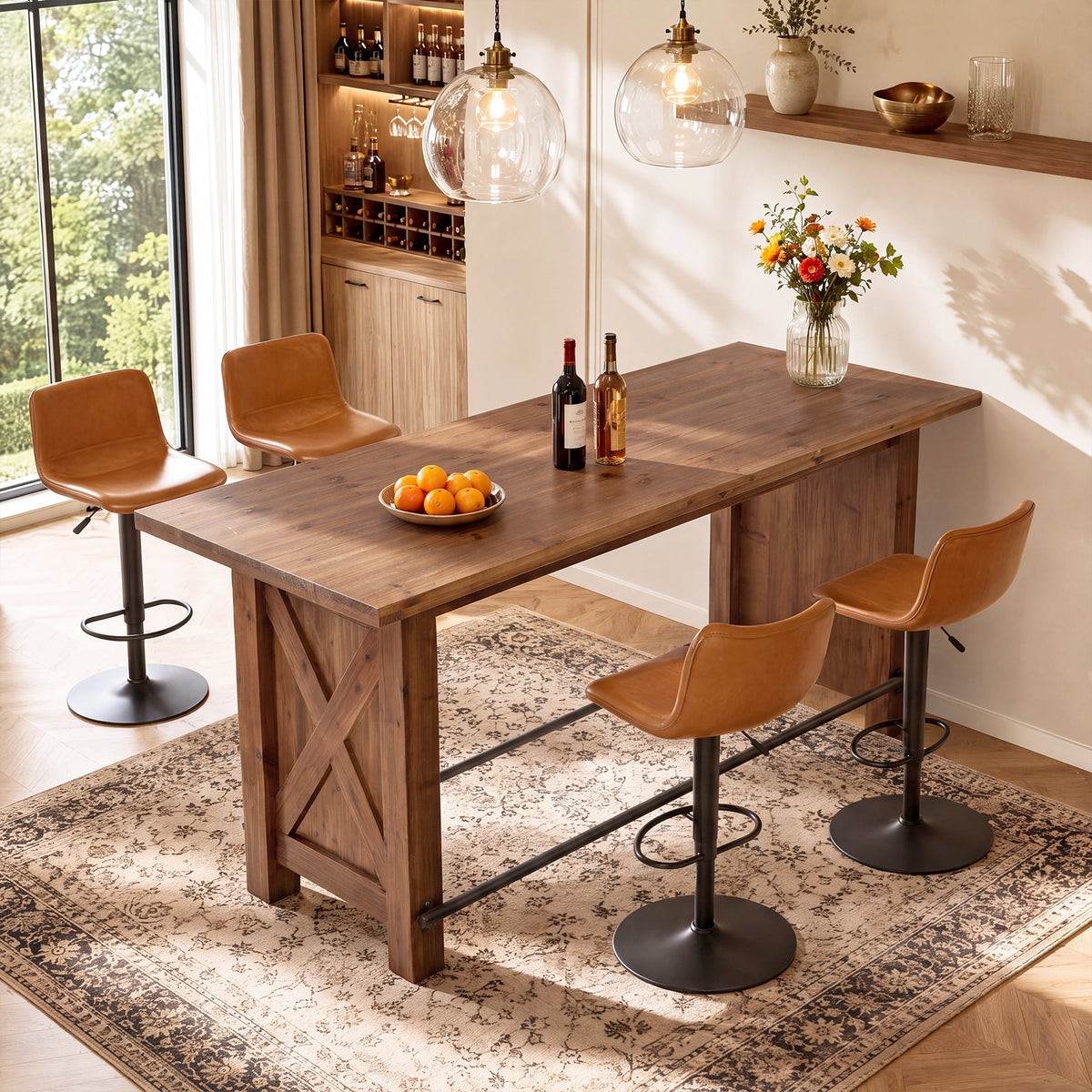 63" Solid Wood Counter Height Bar Table with Footrest, Rectangular Pub Table