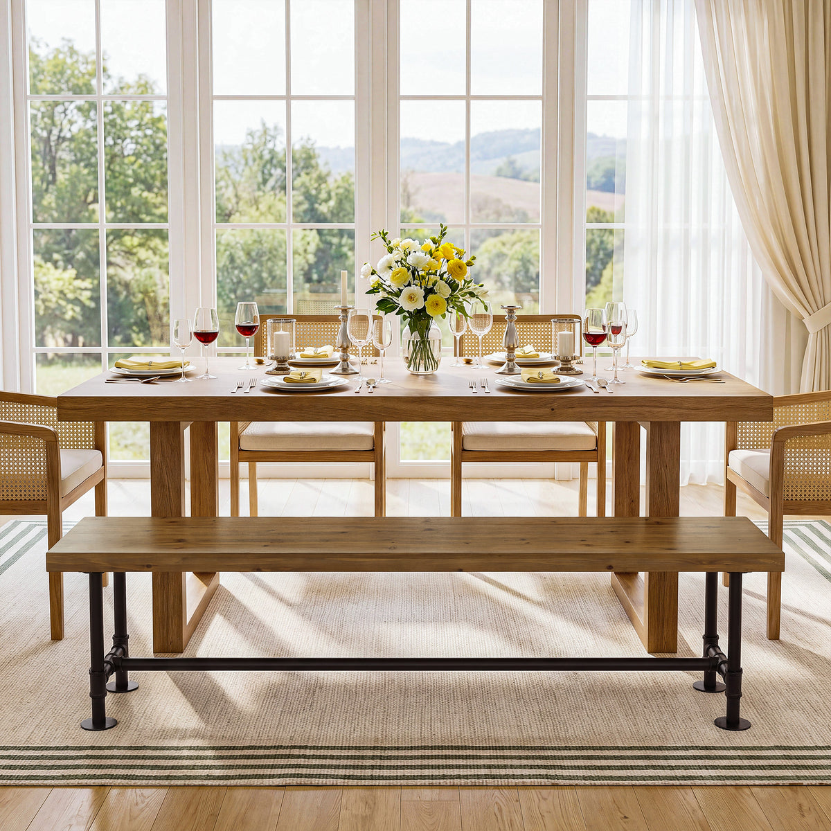 71" Solid Wood Dining Bench, Industrial Wood Bench with Metal Pipe Legs for Kitchen