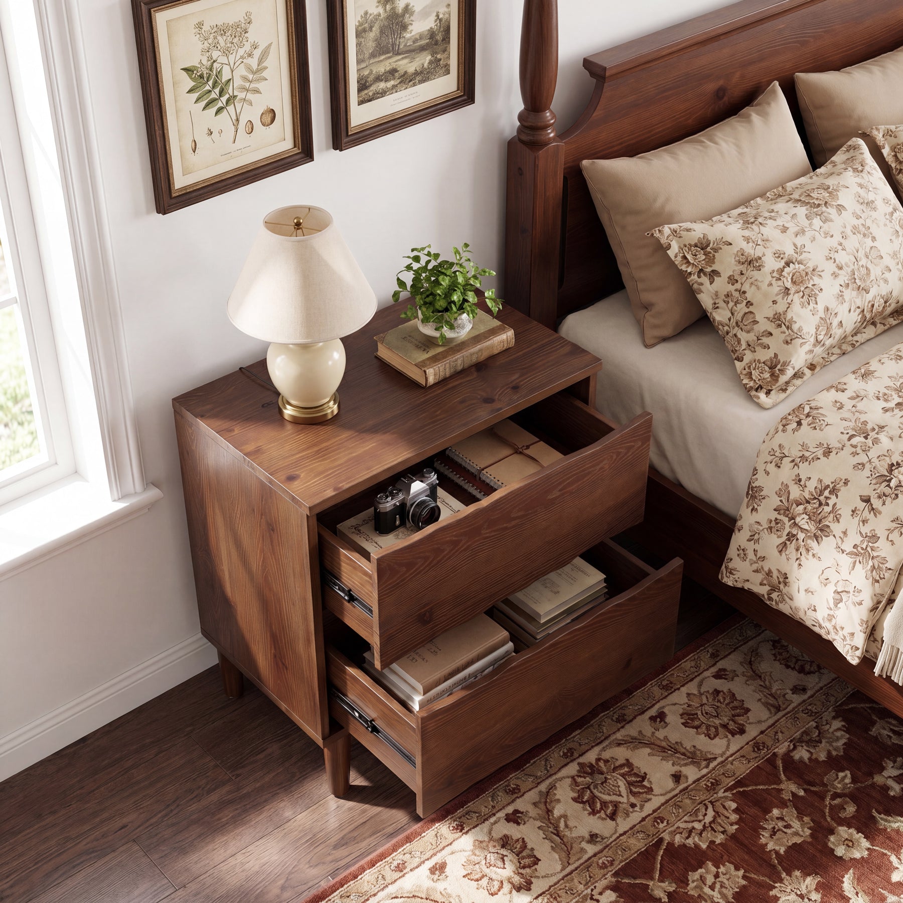 23.6" Solid Wood Nightstand, Mid-Century End Table with 2 Storage Drawers