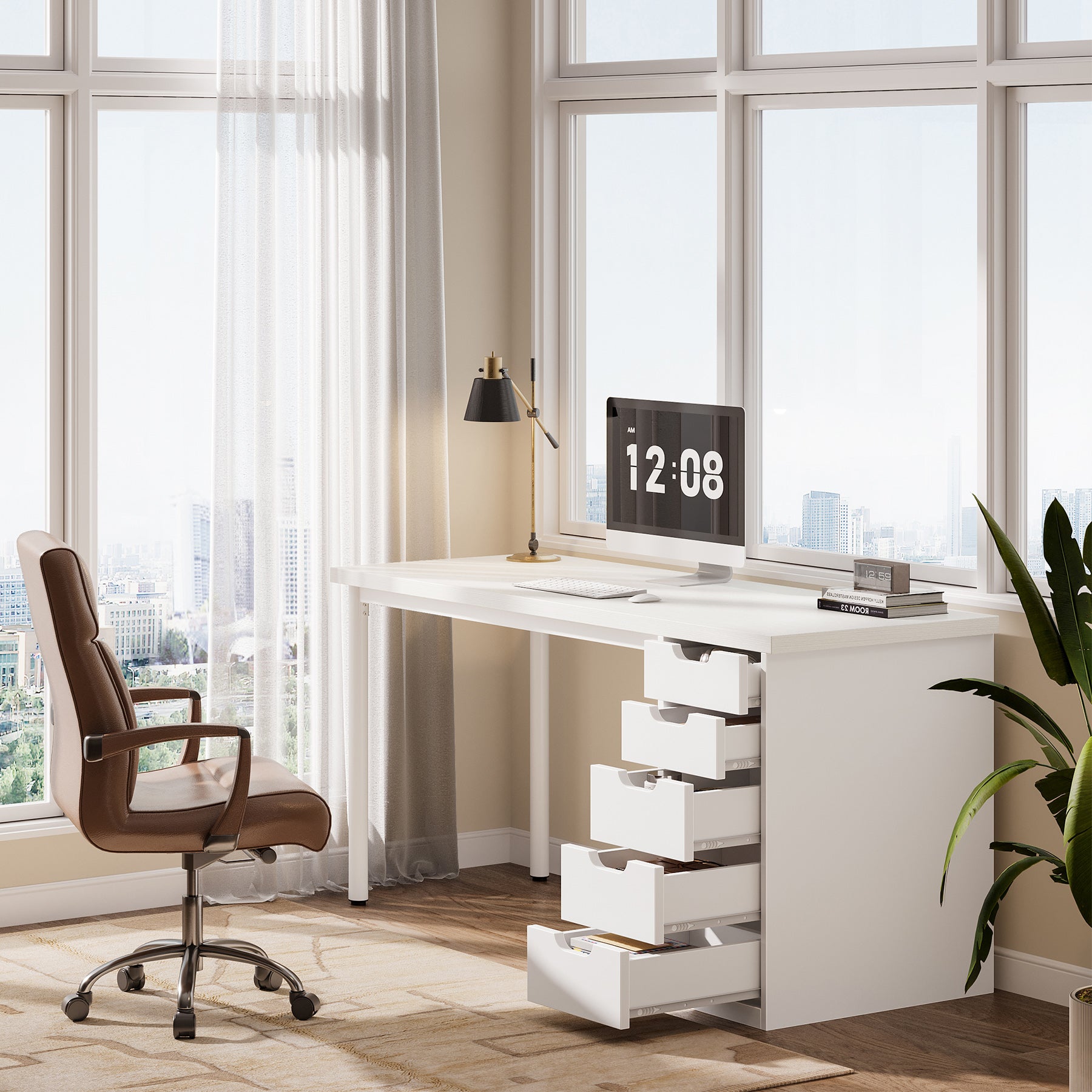 Tribesigns 47" Computer Desk with 5 Reversible Drawers, Rustic Home Office Workstation