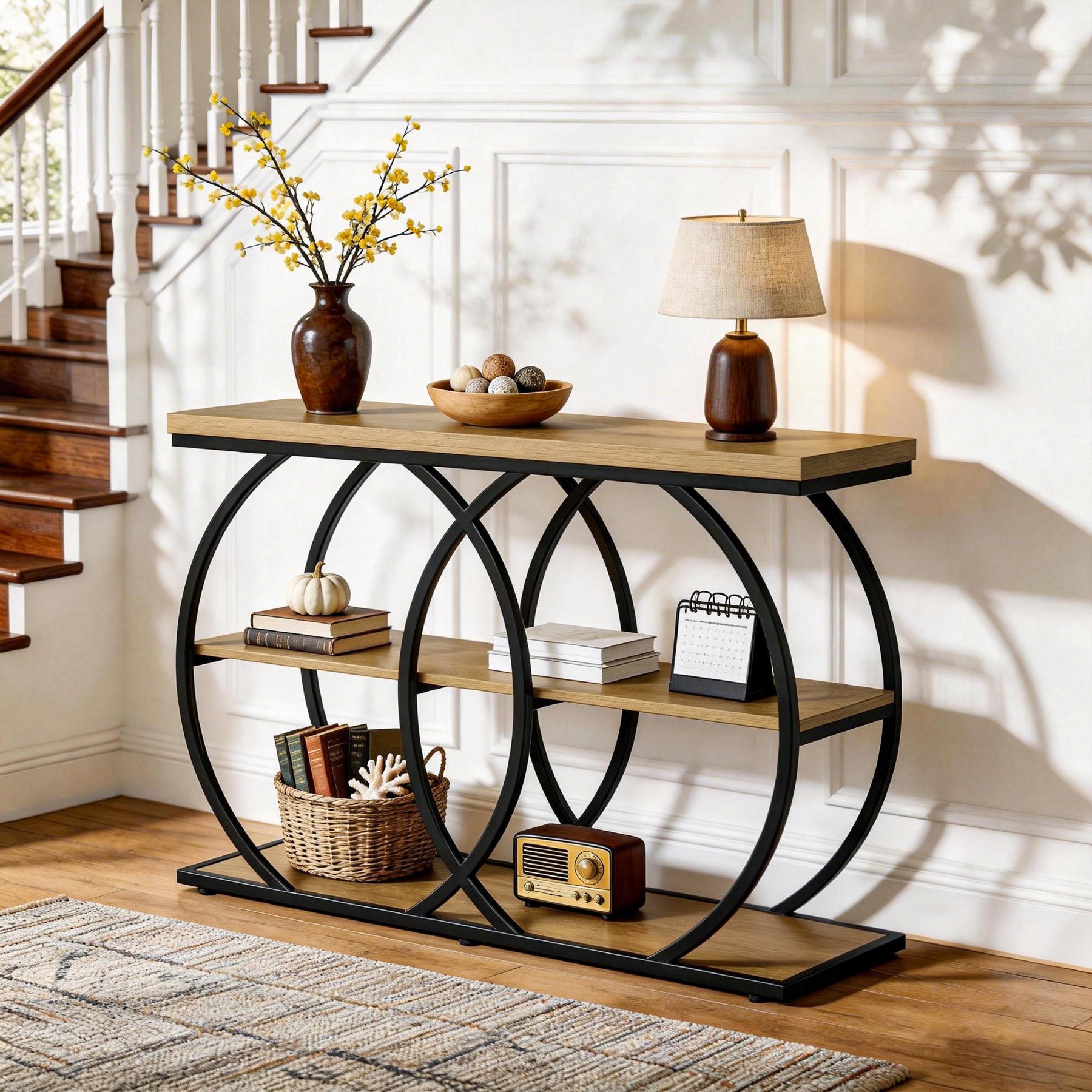 41.3" Industrial Console Table with 3-Tier Shelves, Narrow Entryway Sofa Table with Metal Frame