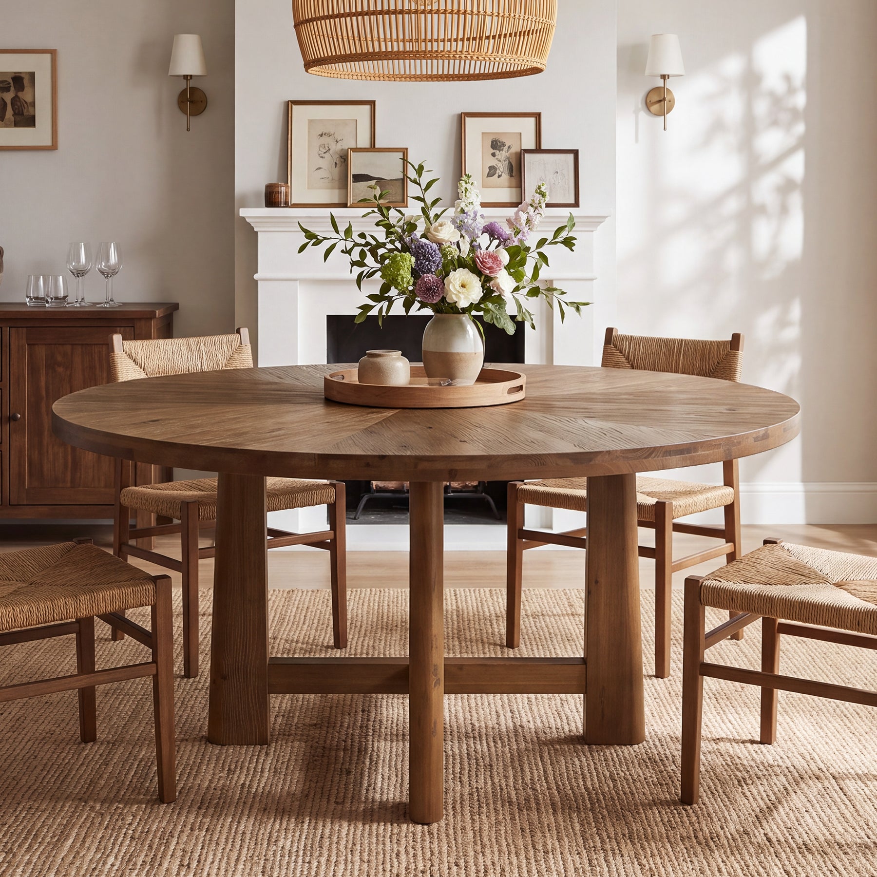 47" Round Farmhouse Dining Table for 6, Solid Wood Kitchen Table, Dining Room Living Room