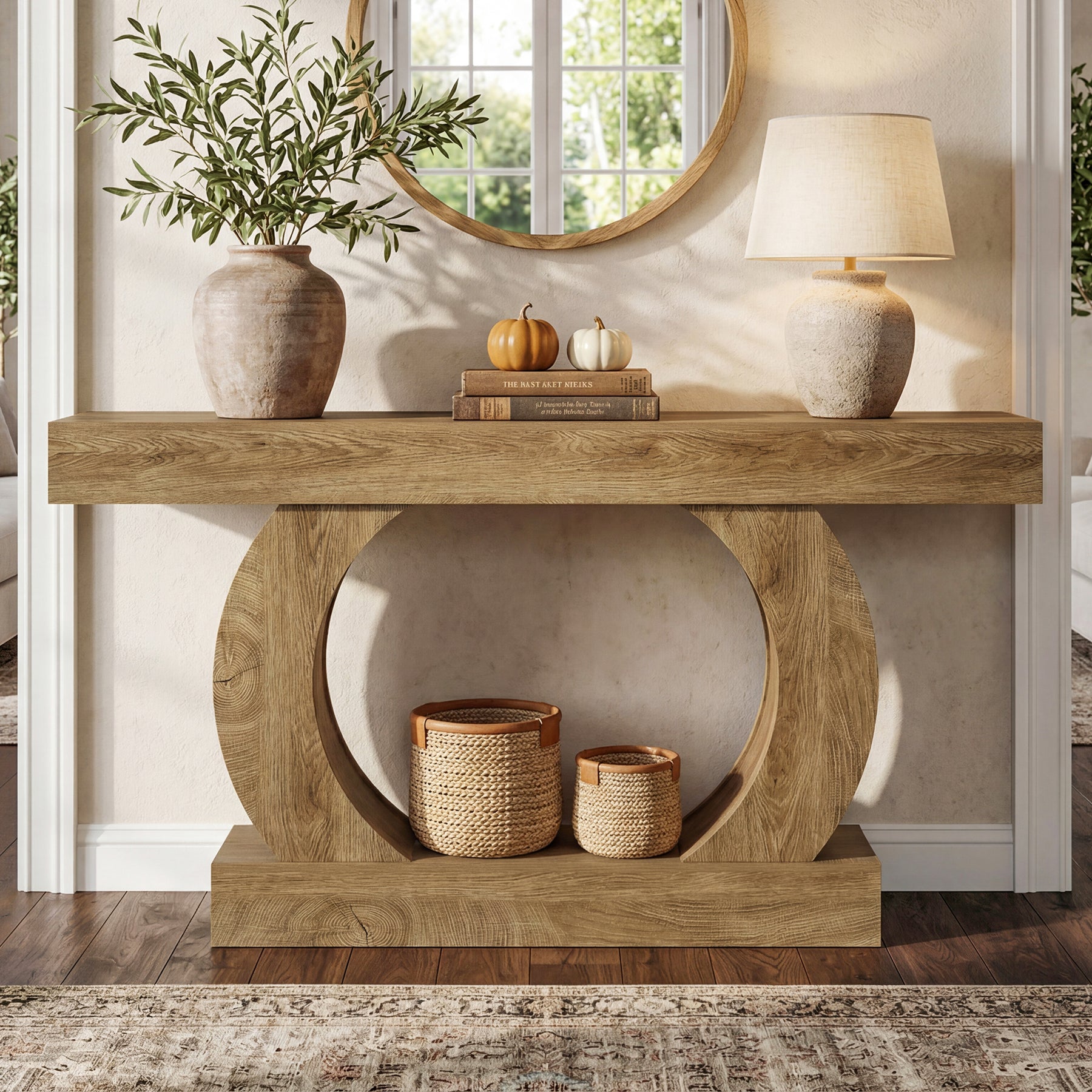 Farmhouse Console Table, 59" Entryway Table with Unique Circular Base for Hallway