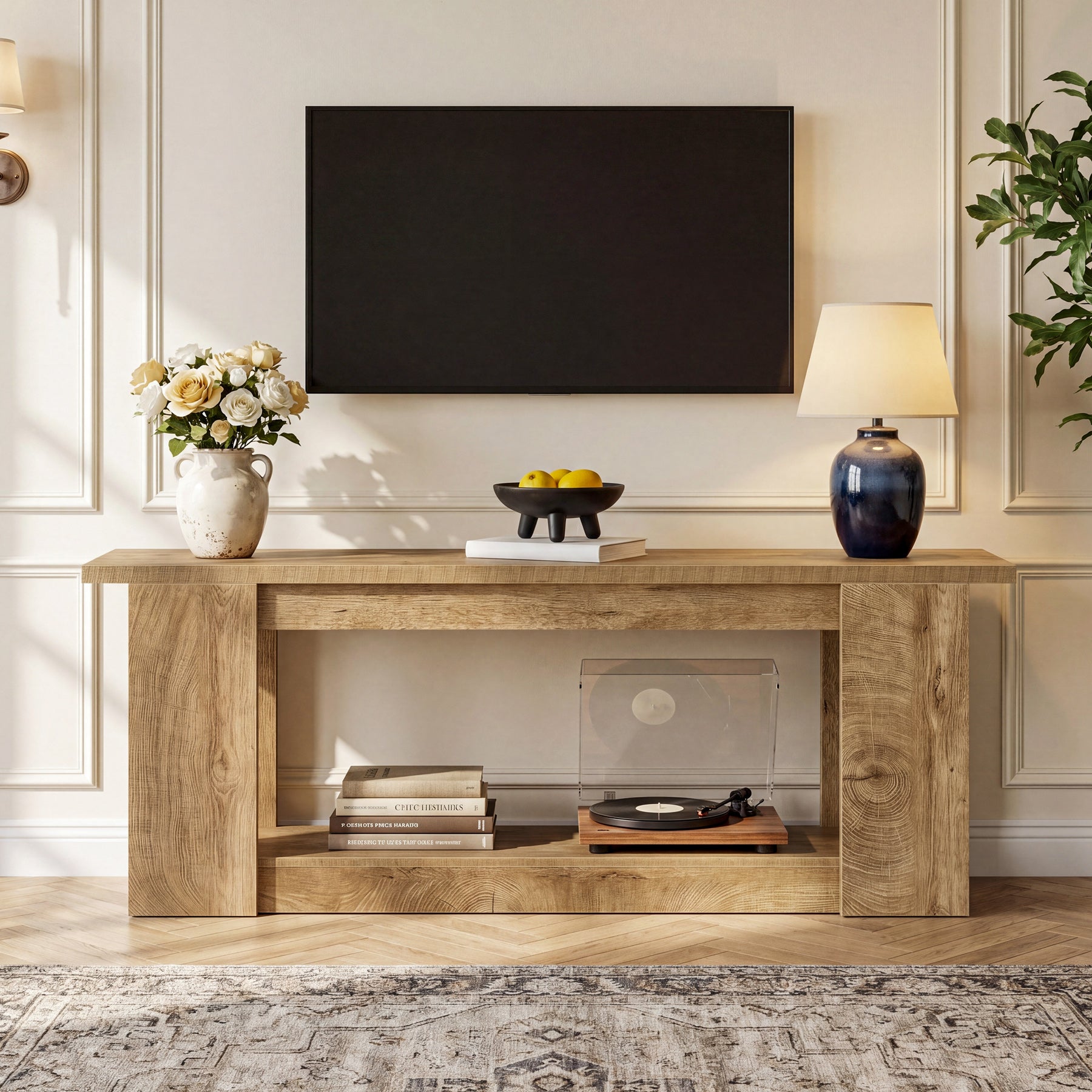 63-Inch Farmhouse TV Stand for TVs up to 70 Inches, Rustic Media Console with 2-Tier Open Storage