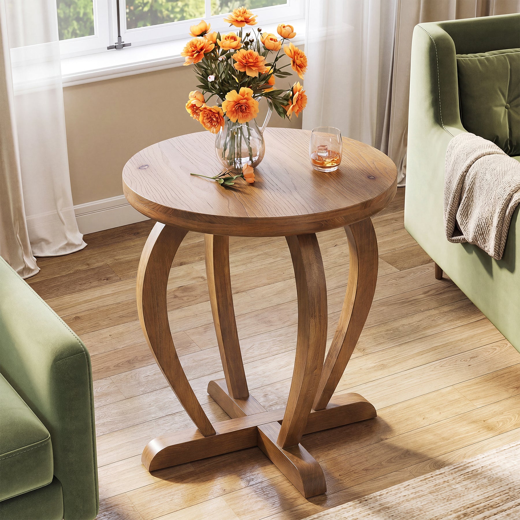 Solid Wood Round End Table, Accent Side Table with Curved Base for Living Room