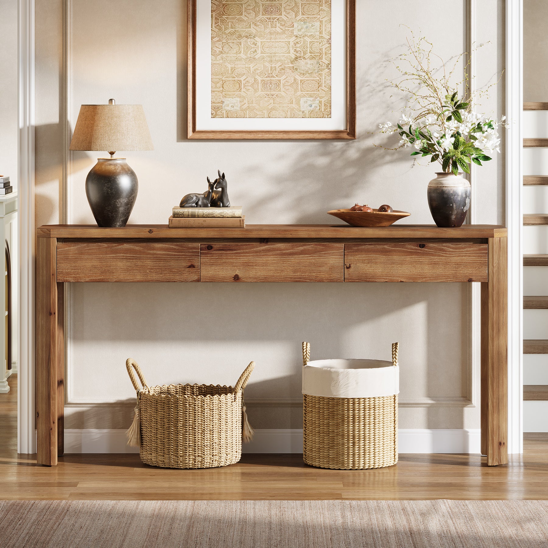 63" Solid Wood Console Table, Farmhouse Entryway Table with 3 Drawers